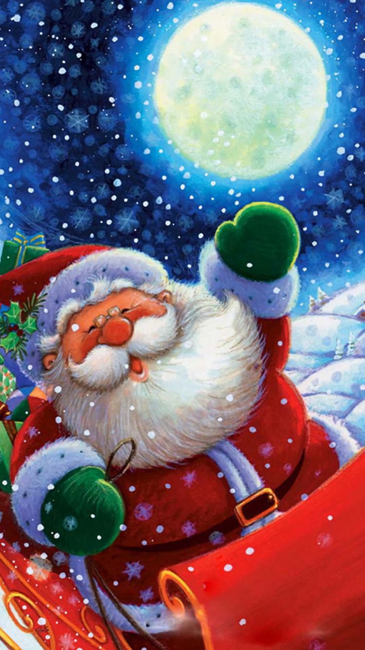 Handy-Wallpaper Feiertage, Sterne, Weihnachtsmann, Mond, Schnee, Weihnachten, Schlitten, Schneefall, Sternenklarer Himmel kostenlos herunterladen.