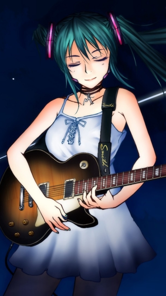 Handy-Wallpaper Gitarre, Vocaloid, Sternschnuppe, Blaue Haare, Hatsune Miku, Animes, Twintails, Weißes Kleid kostenlos herunterladen.