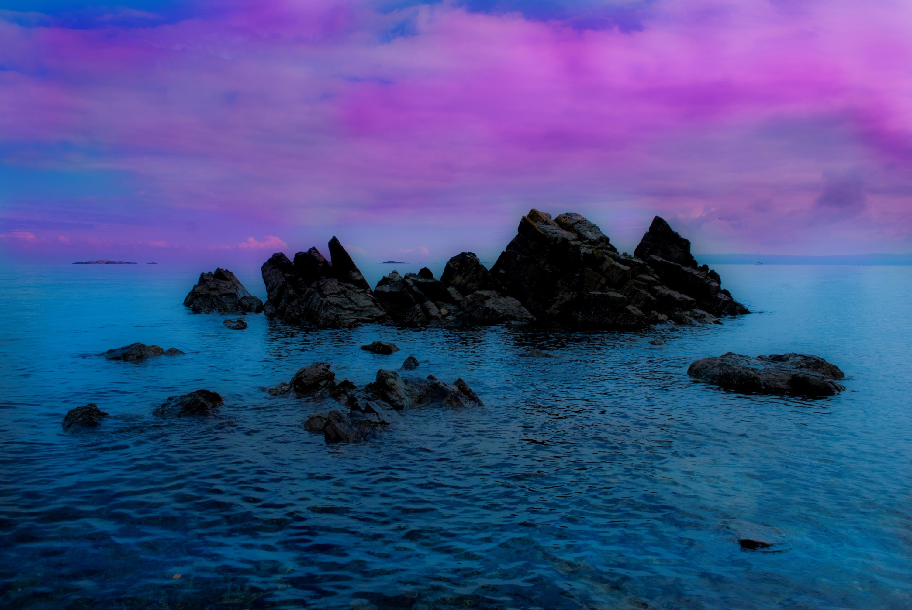 無料モバイル壁紙日没, 海, 海洋, 青い, 地球, 紫の, 空をダウンロードします。