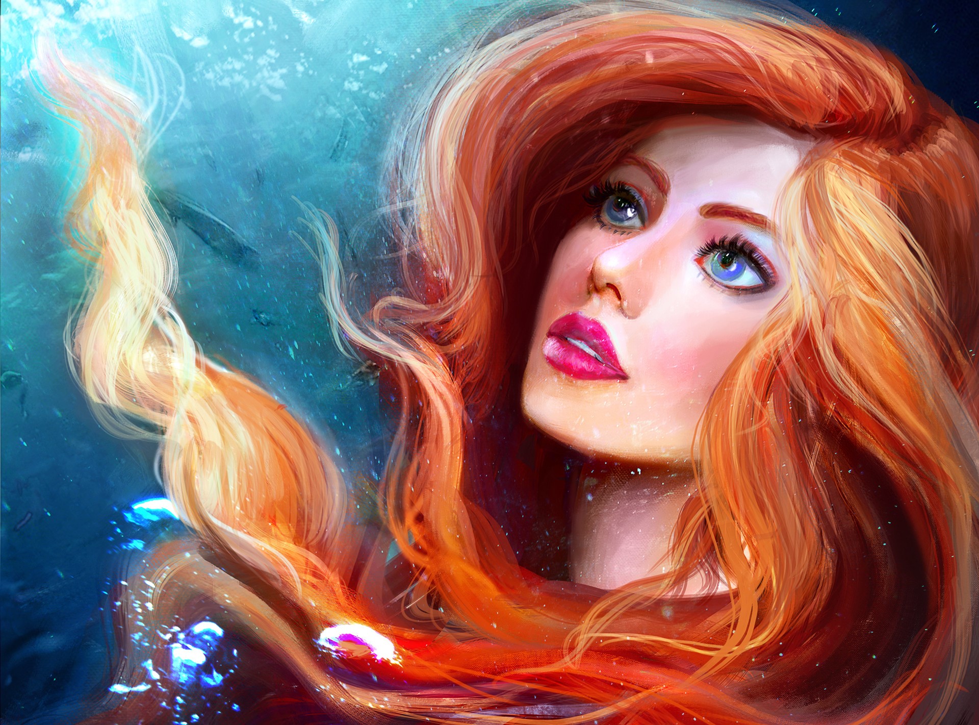 Download mobile wallpaper Fantasy, Redhead, Face, Underwater, Women, Blue Eyes, Lipstick for free.