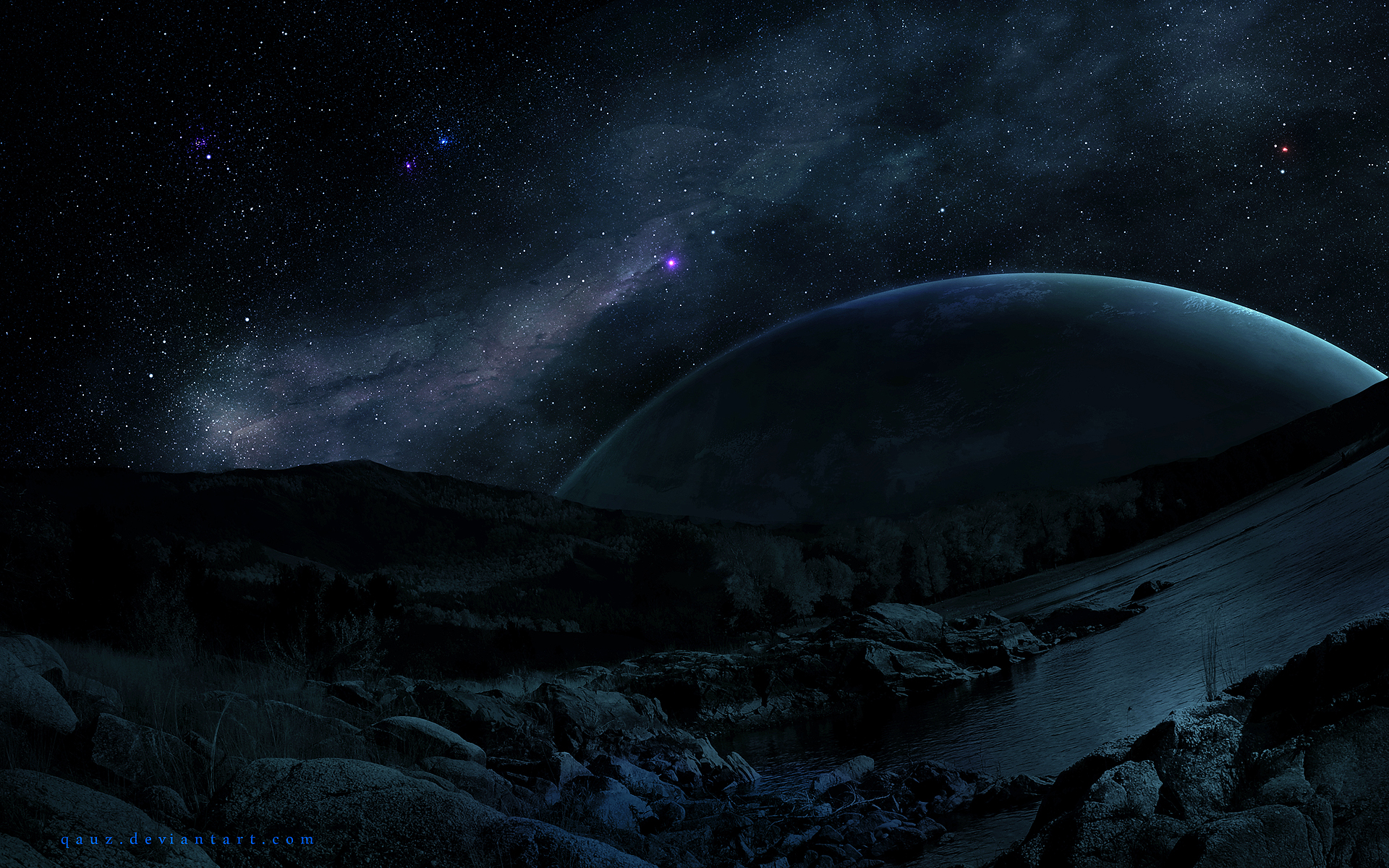 Download mobile wallpaper Landscape, Fantasy, Sky, Stars, Mountain, Starry Sky, Planet, Sci Fi, Planet Rise for free.