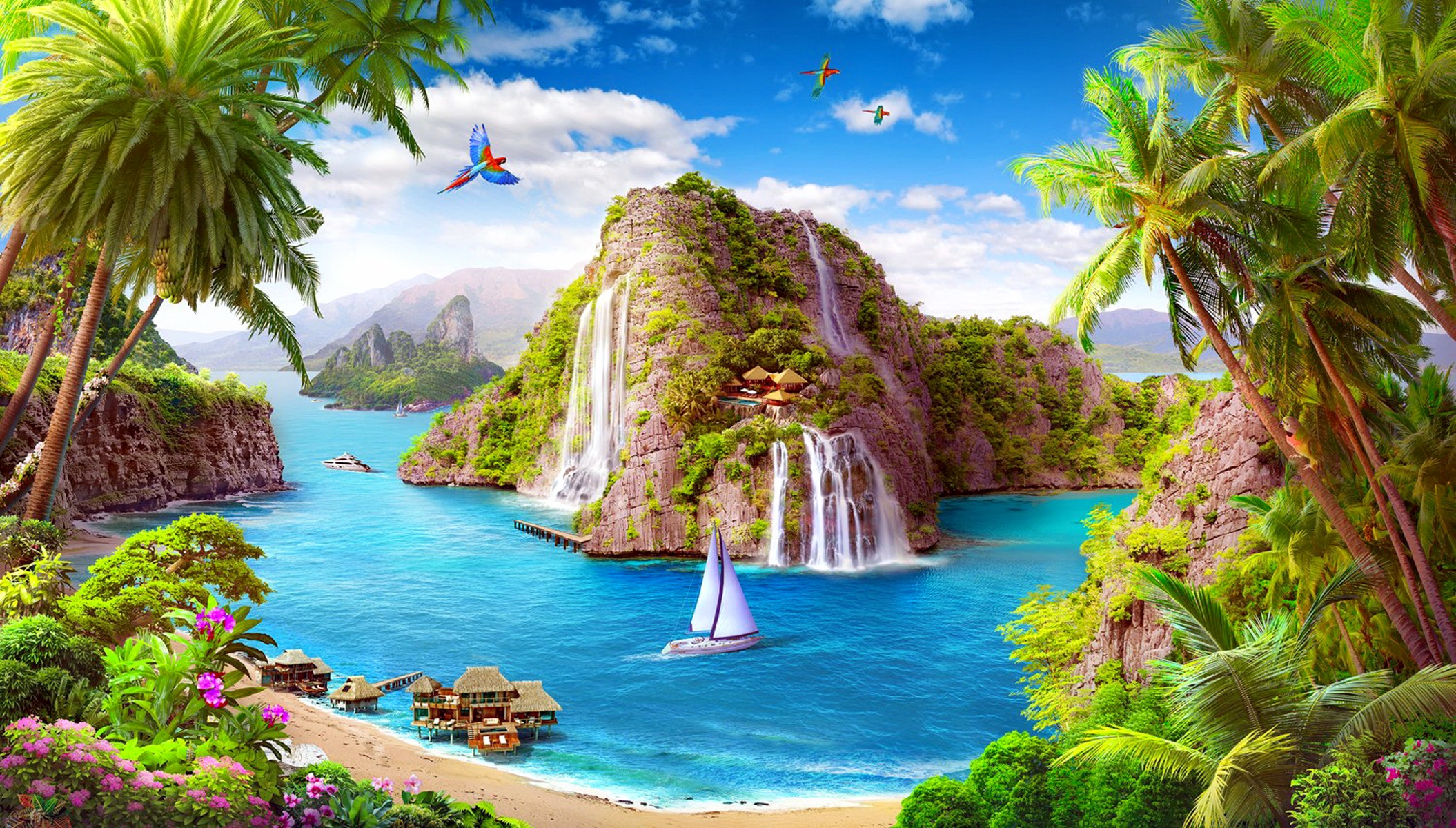 Free download wallpaper Fantasy, Beach, Bird, Tree, Ocean, Artistic, Tropical, Palm Tree on your PC desktop