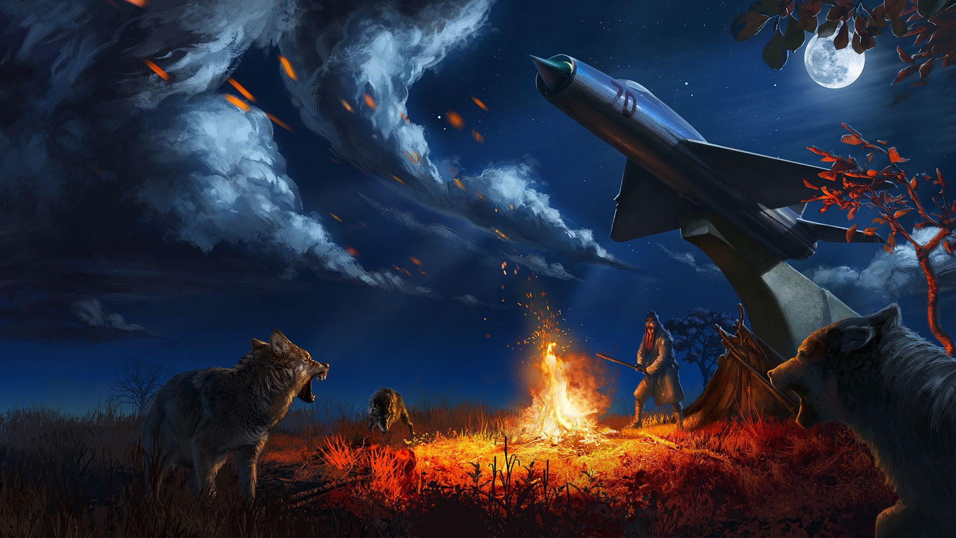 Download mobile wallpaper Fire, Bonfire, Wolf, Camping, Video Game, Post Apocalyptic, Atom Rpg for free.