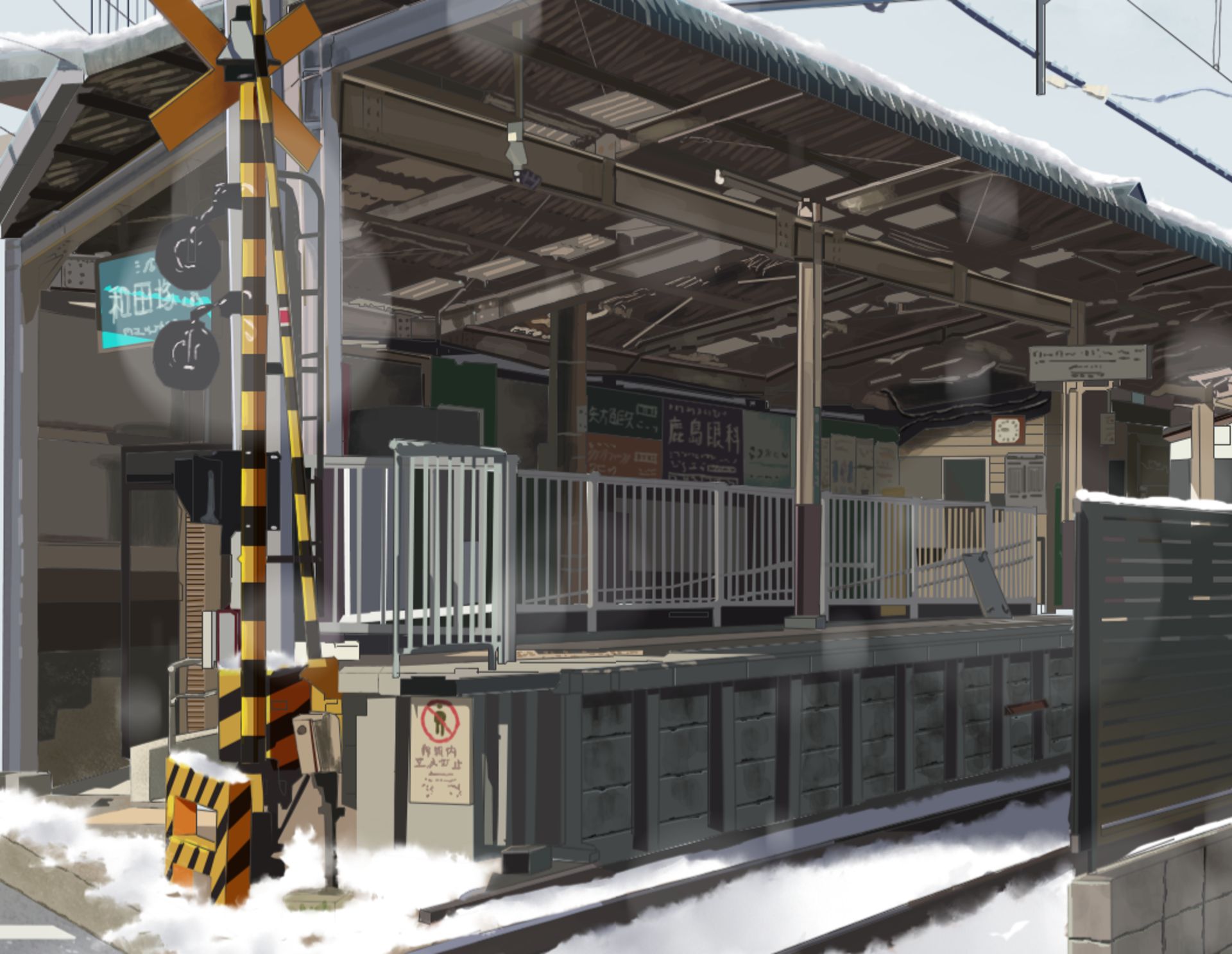 968810 скачать обои аниме, железнодорожный вокзал, железная дорога, снег - заставки и картинки бесплатно