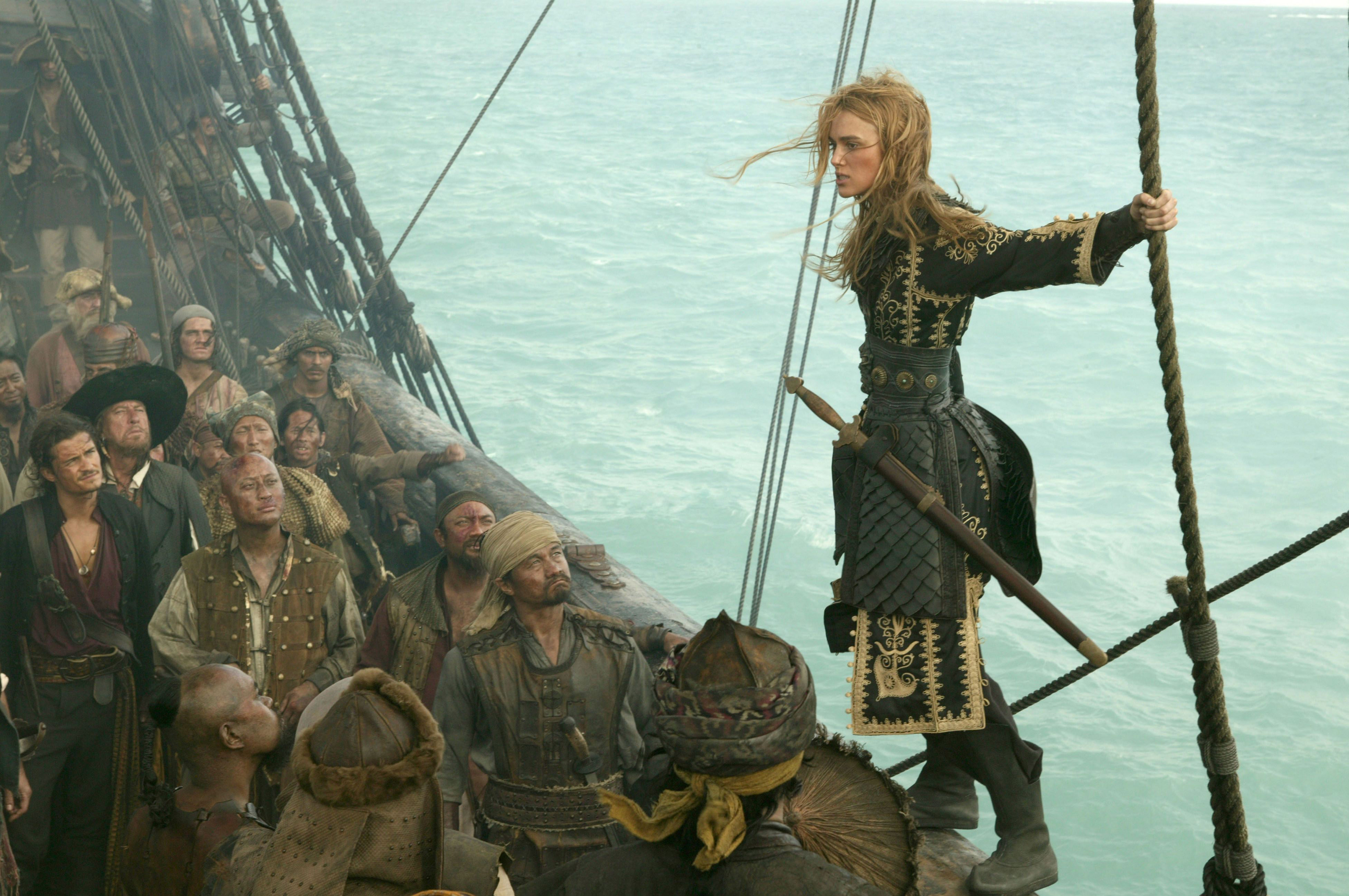 movie, pirates of the caribbean: at world's end, elizabeth swann, geoffrey rush, hector barbossa, keira knightley, orlando bloom, will turner, pirates of the caribbean