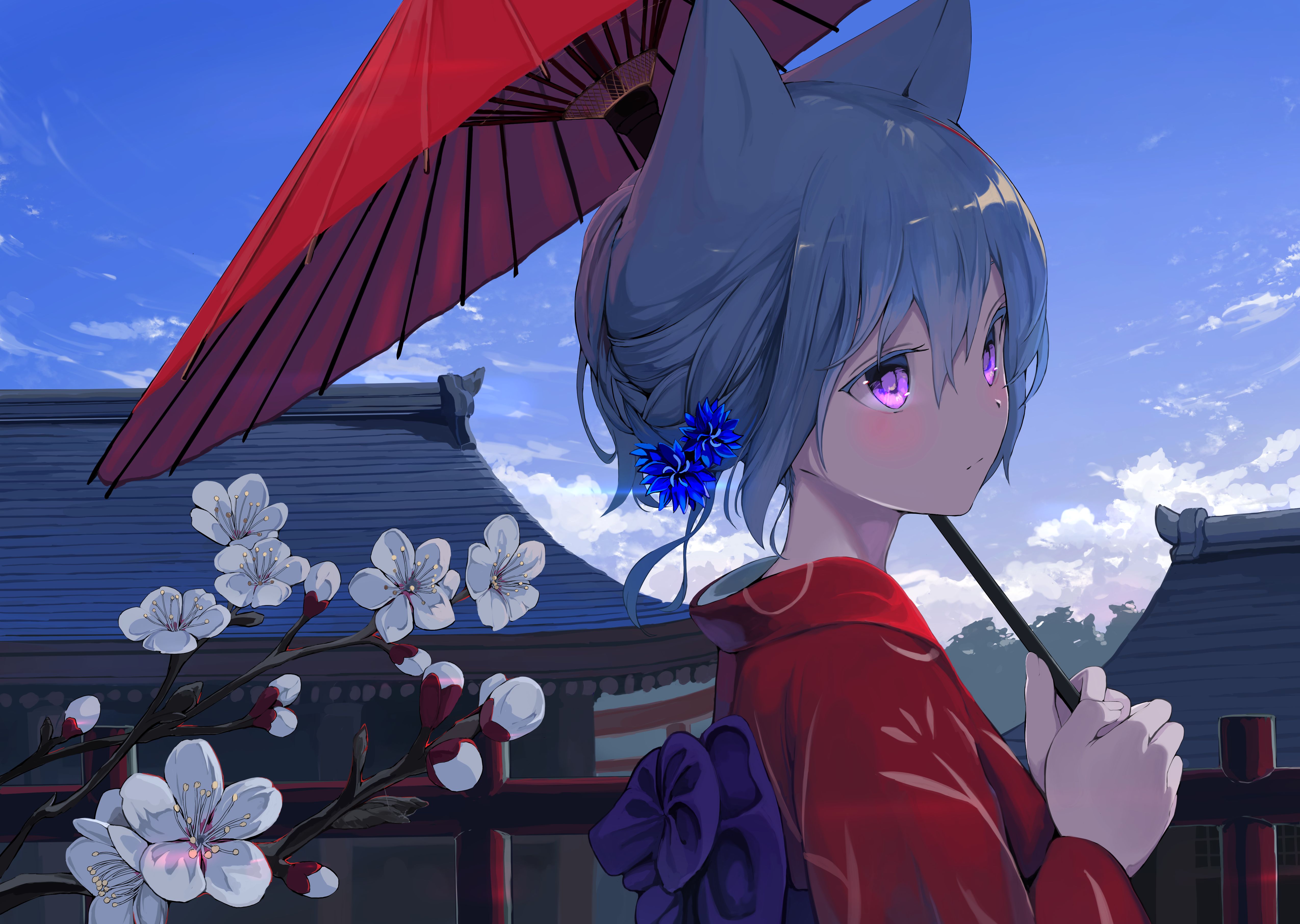 Download mobile wallpaper Anime, Flower, Umbrella, Kimono, Original, Short Hair, Animal Ears for free.