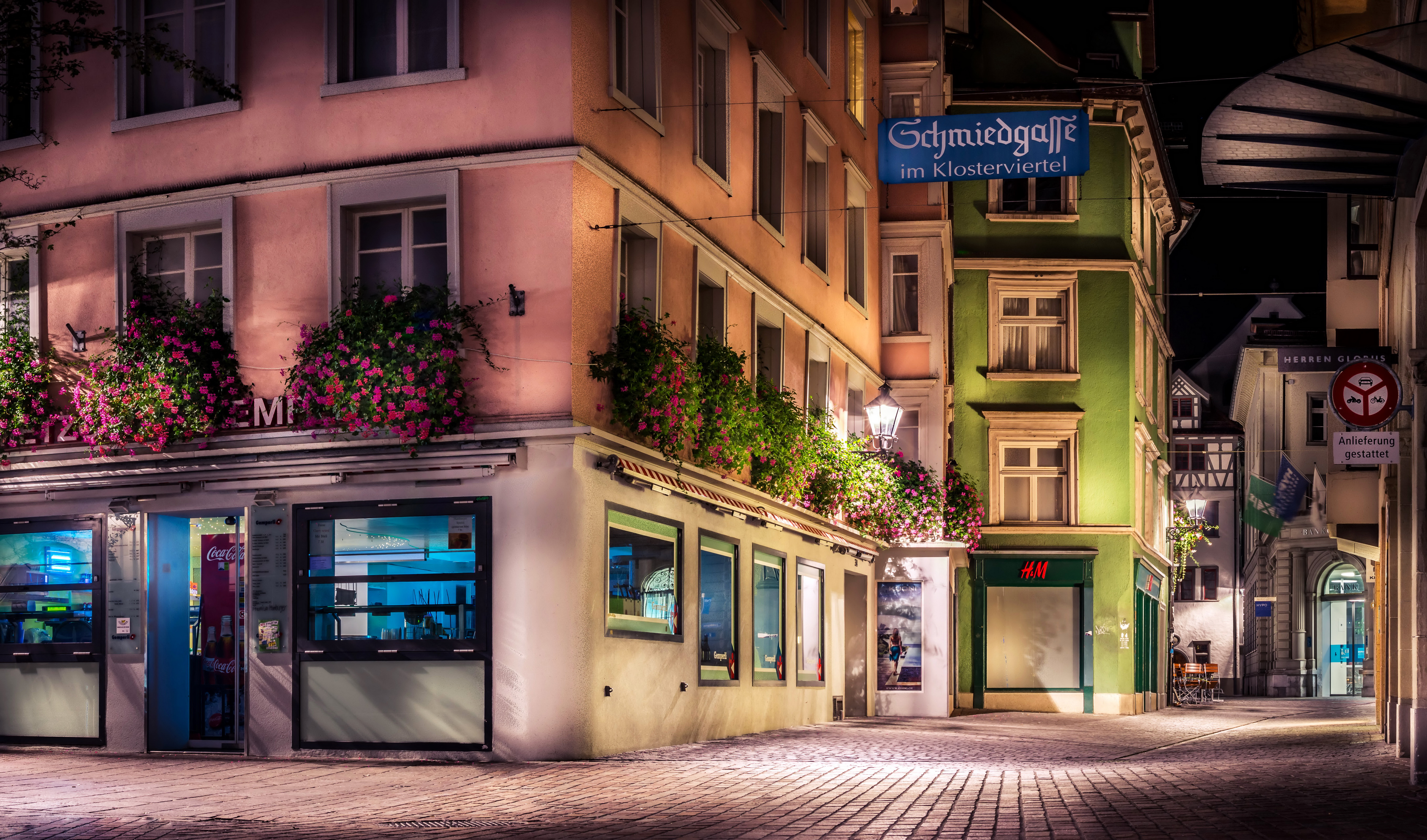 Download mobile wallpaper Night, Building, Switzerland, Street, Man Made for free.