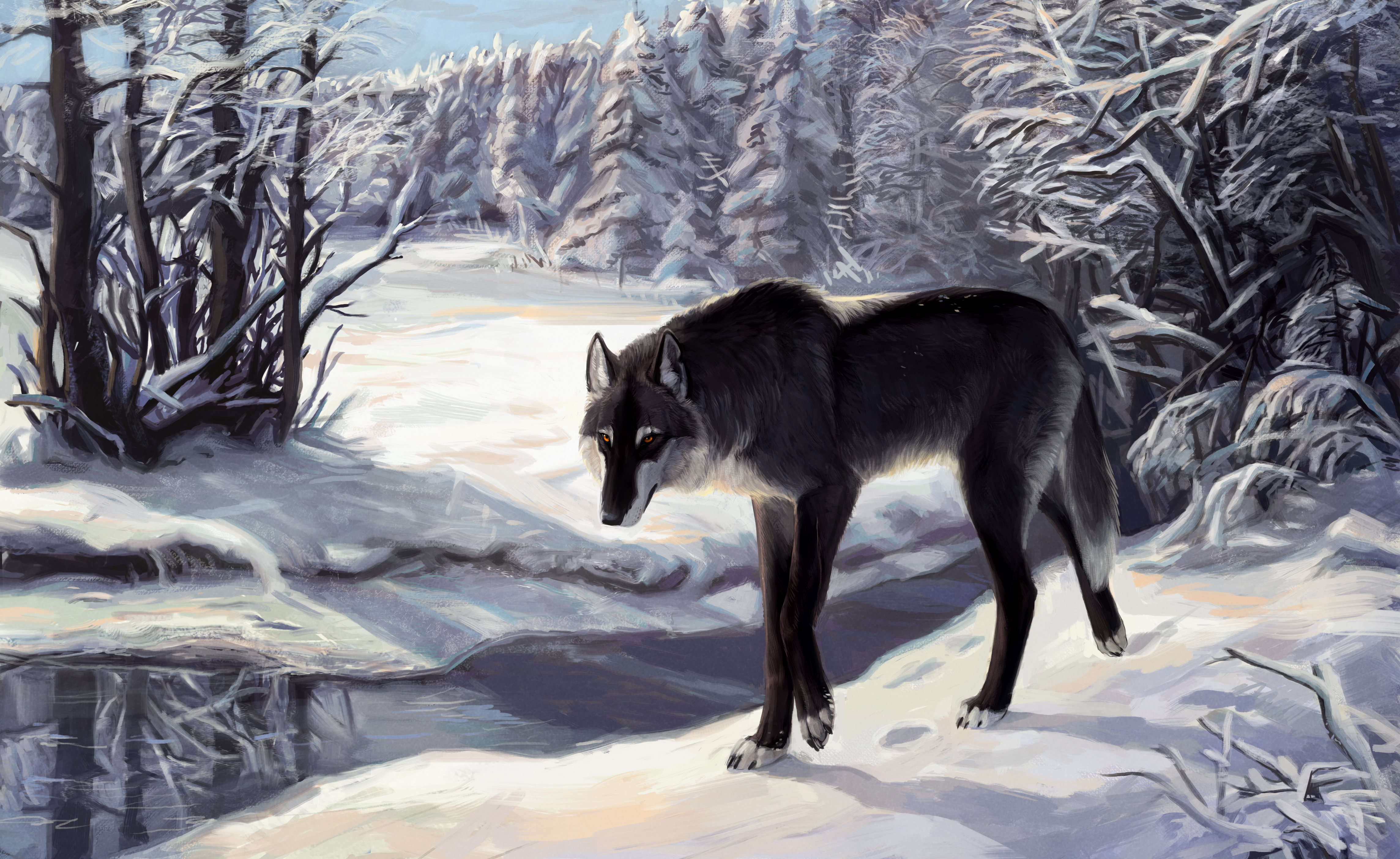 無料モバイル壁紙冬, ファンタジー, 雪, 森, 狼, ファンタジー動物をダウンロードします。
