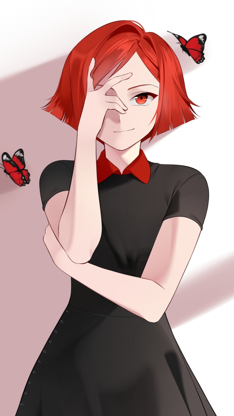 Download mobile wallpaper Anime, Butterfly, Girl, Dress, Red Eyes, Short Hair, Red Hair for free.