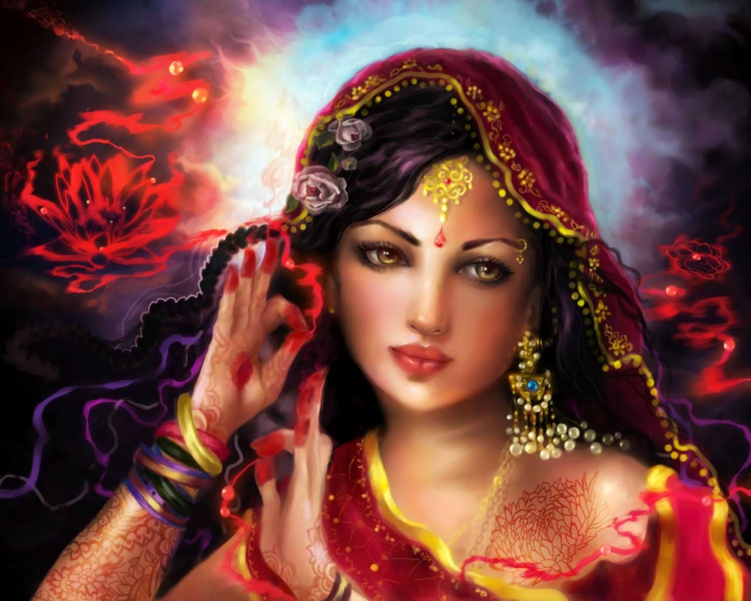 Download mobile wallpaper Fantasy, Jewelry, Flower, Women, Indian, Bindi for free.