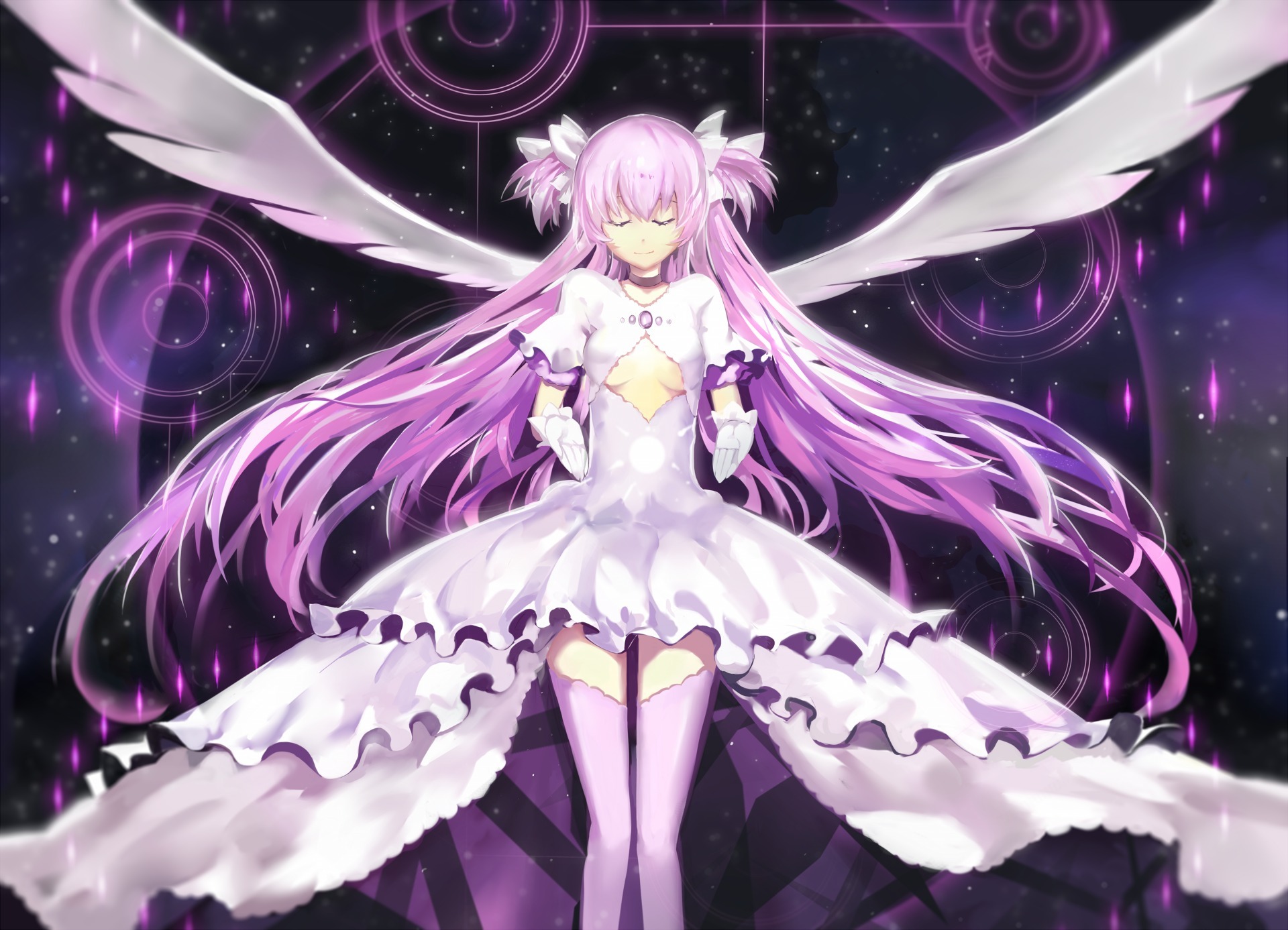 anime, puella magi madoka magica, angel, dress, long hair, madoka kaname, purple hair, ultimate madoka, wings