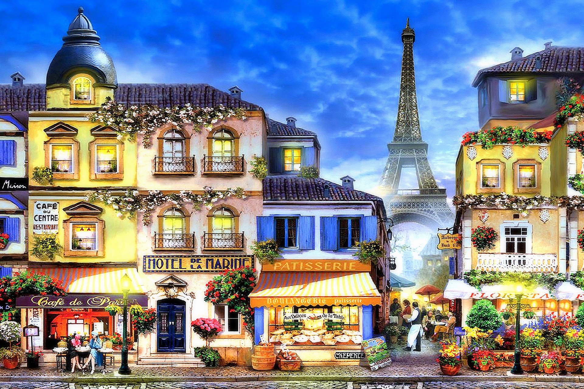Free download wallpaper Paris, Eiffel Tower, House, Colors, Colorful, Painting, Street, Artistic on your PC desktop