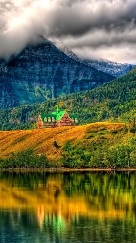 Handy-Wallpaper Landschaft, Berg, See, Wald, Baum, Haus, Gebirge, Hdr, Wolke, Fotografie, Spiegelung kostenlos herunterladen.