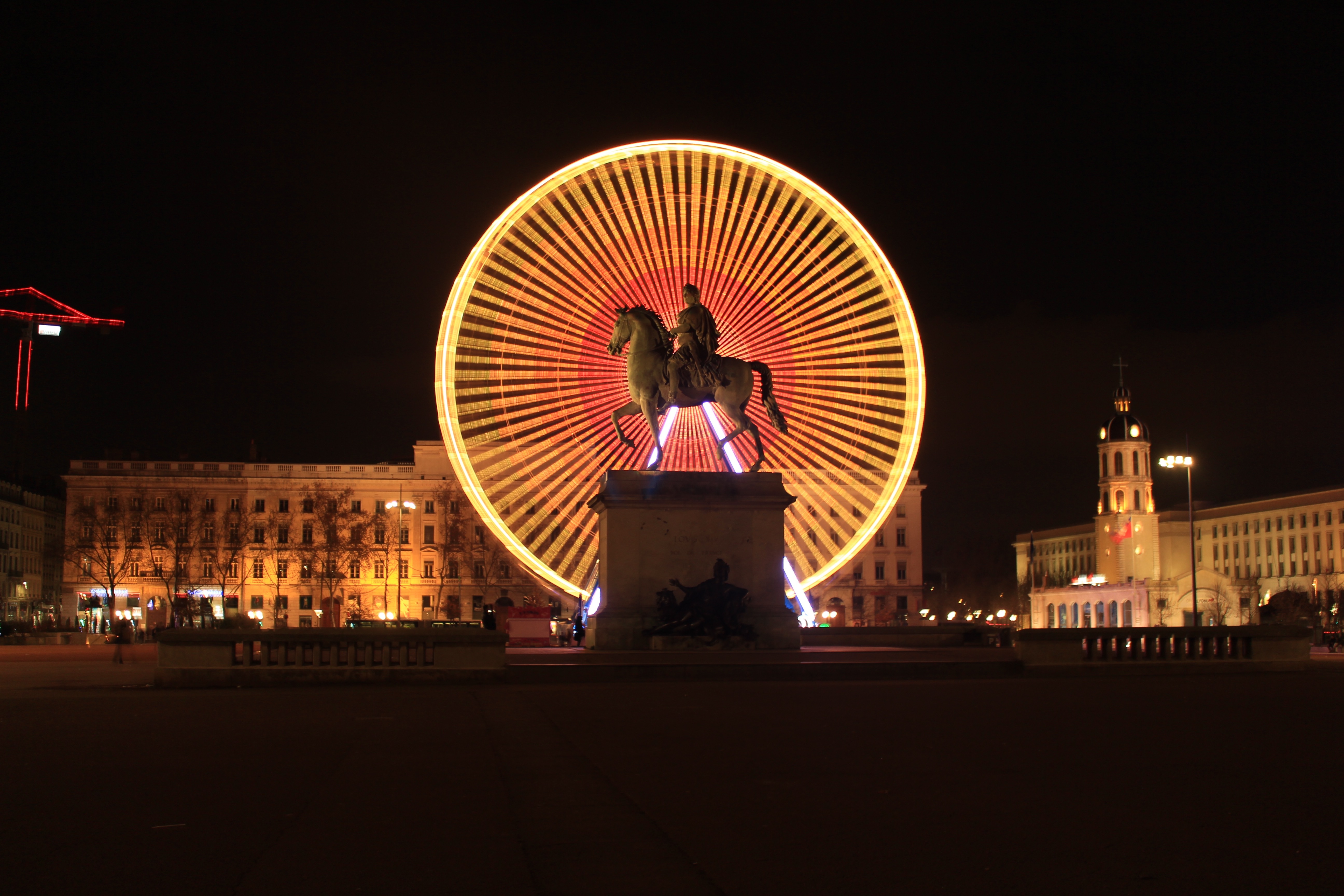 ferris wheel, man made, building, france, light, lyon, night, statue