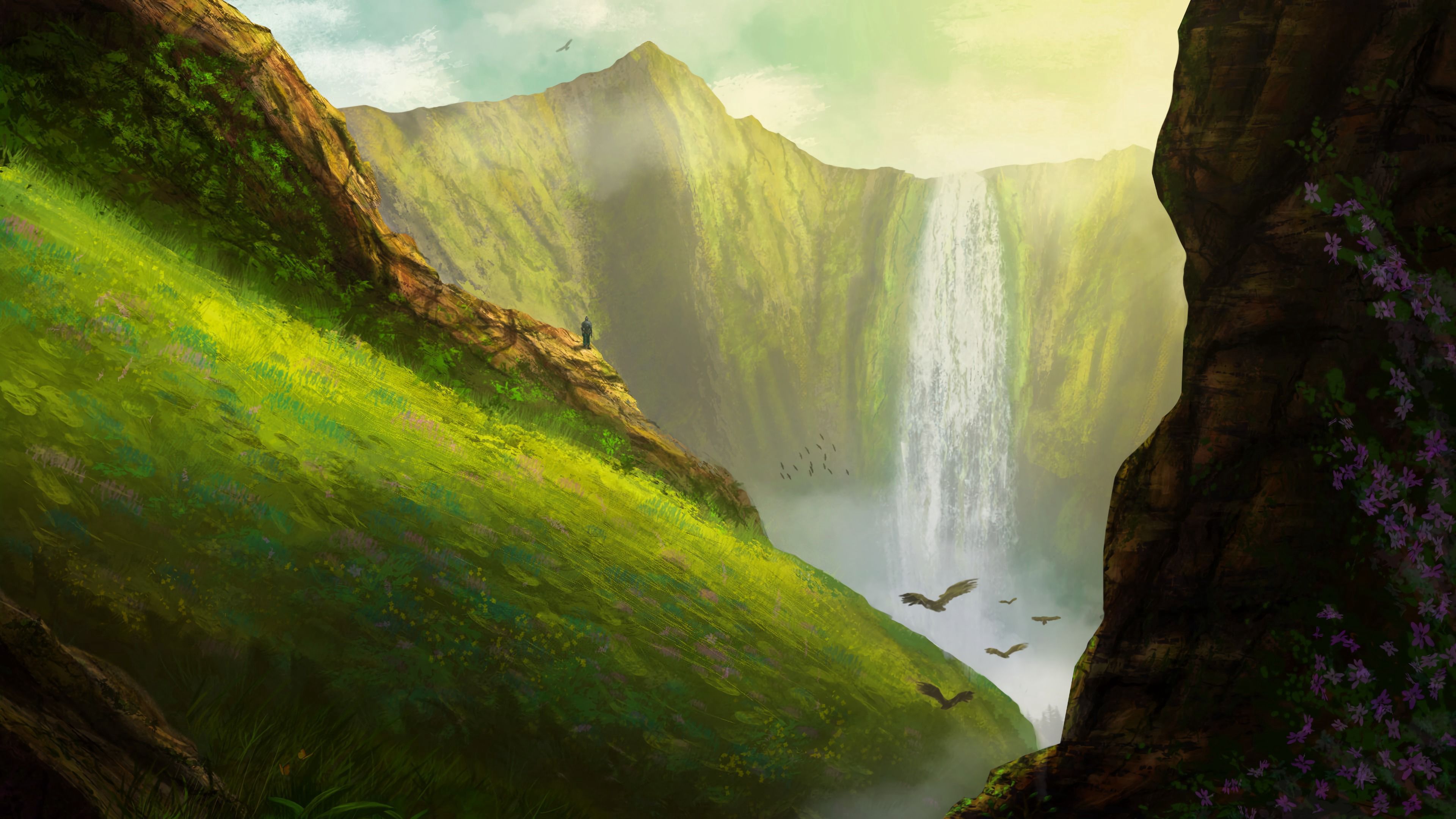 Free download wallpaper Rocks, Birds, Waterfall, Art on your PC desktop