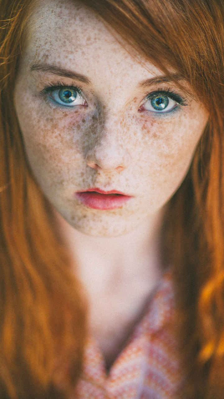 Download mobile wallpaper Redhead, Bokeh, Face, Model, Women, Blue Eyes, Freckles for free.