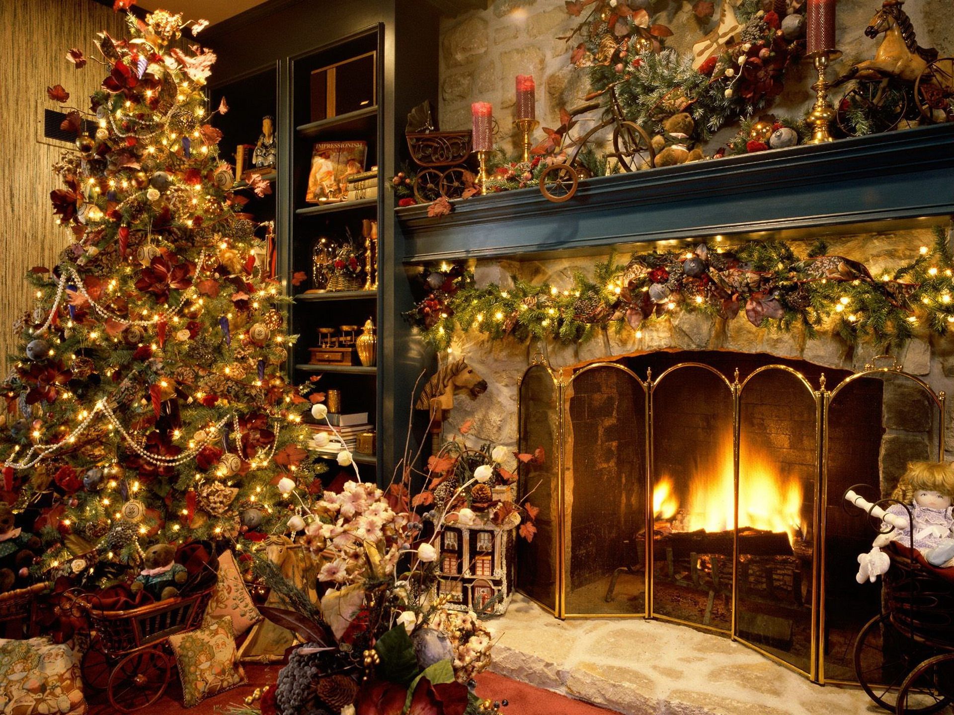 163562 скачать обои камин, рождество, рождественские украшения, праздничные, рождественская елка - заставки и картинки бесплатно