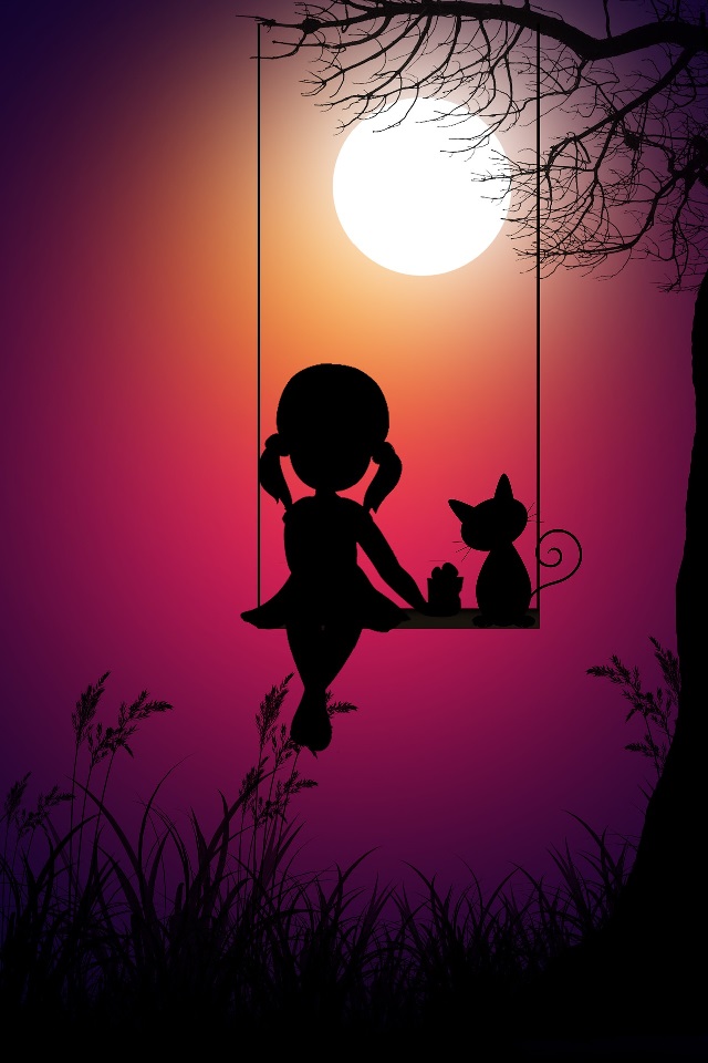 Download mobile wallpaper Night, Moon, Silhouette, Cat, Swing, Artistic, Child for free.