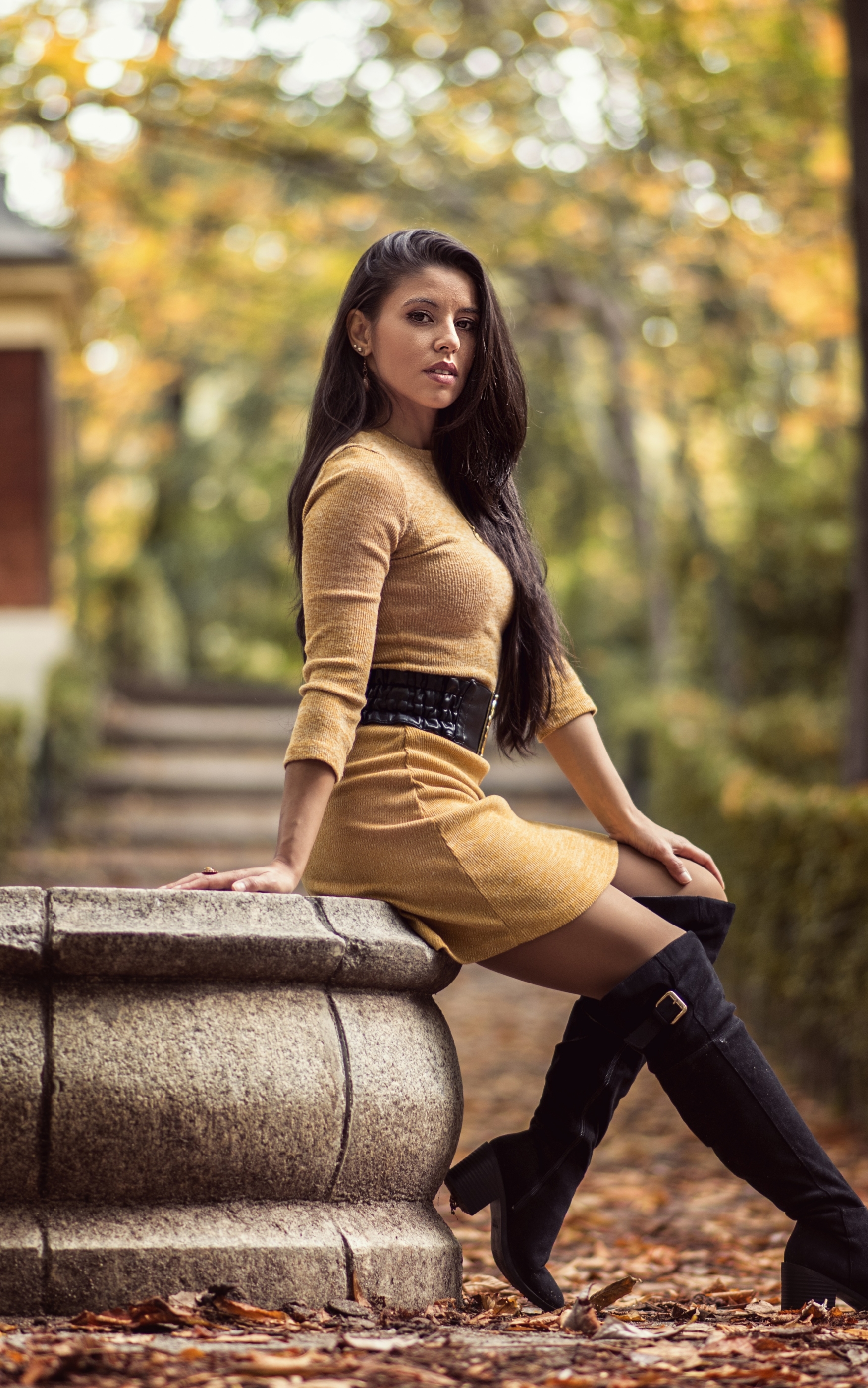 Download mobile wallpaper Boots, Model, Women, Black Hair, Long Hair, Depth Of Field for free.