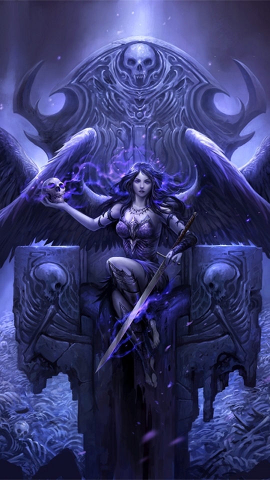 Download mobile wallpaper Fantasy, Gothic, Wings, Angel, Skull, Skeleton, Sword, Angel Warrior, Throne for free.