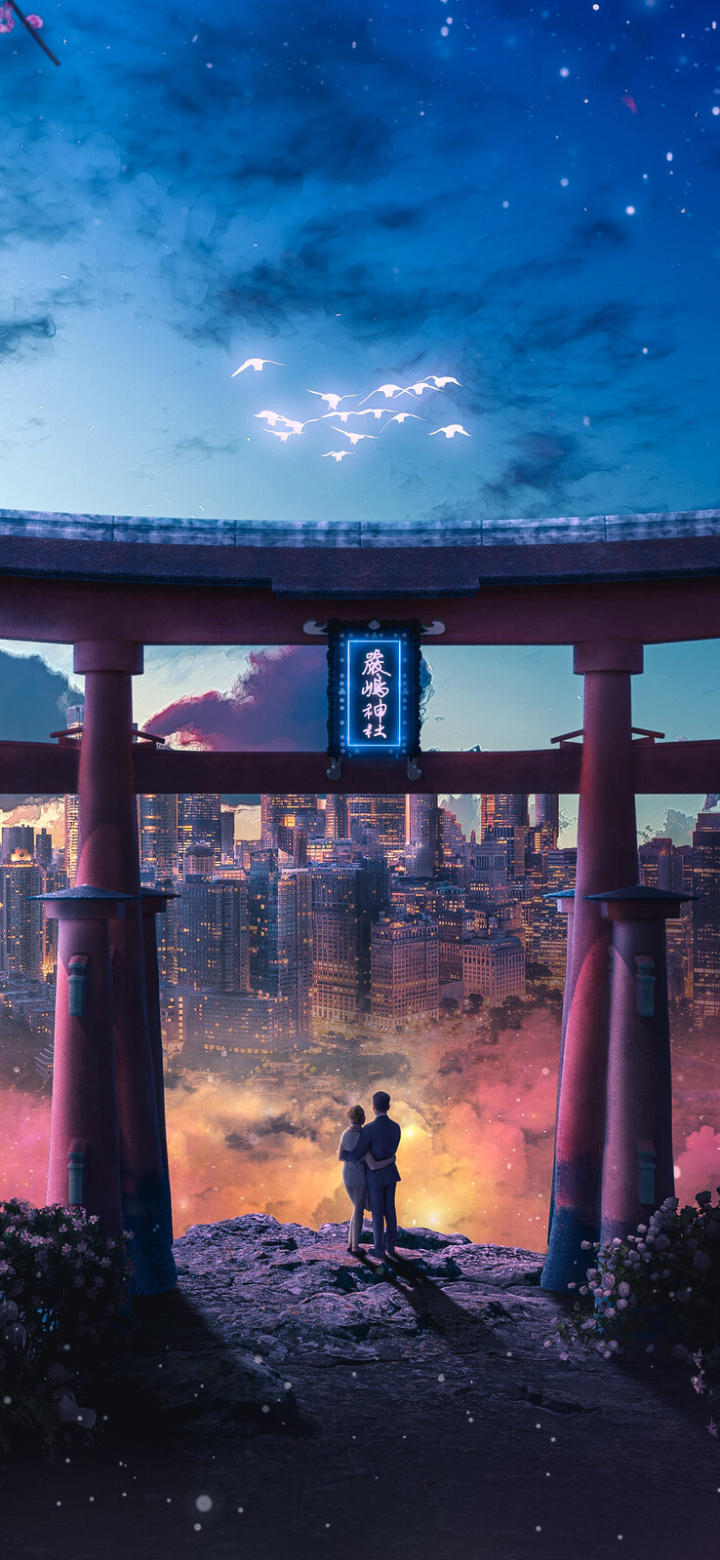 Download mobile wallpaper City, Couple, Sci Fi, Torii for free.