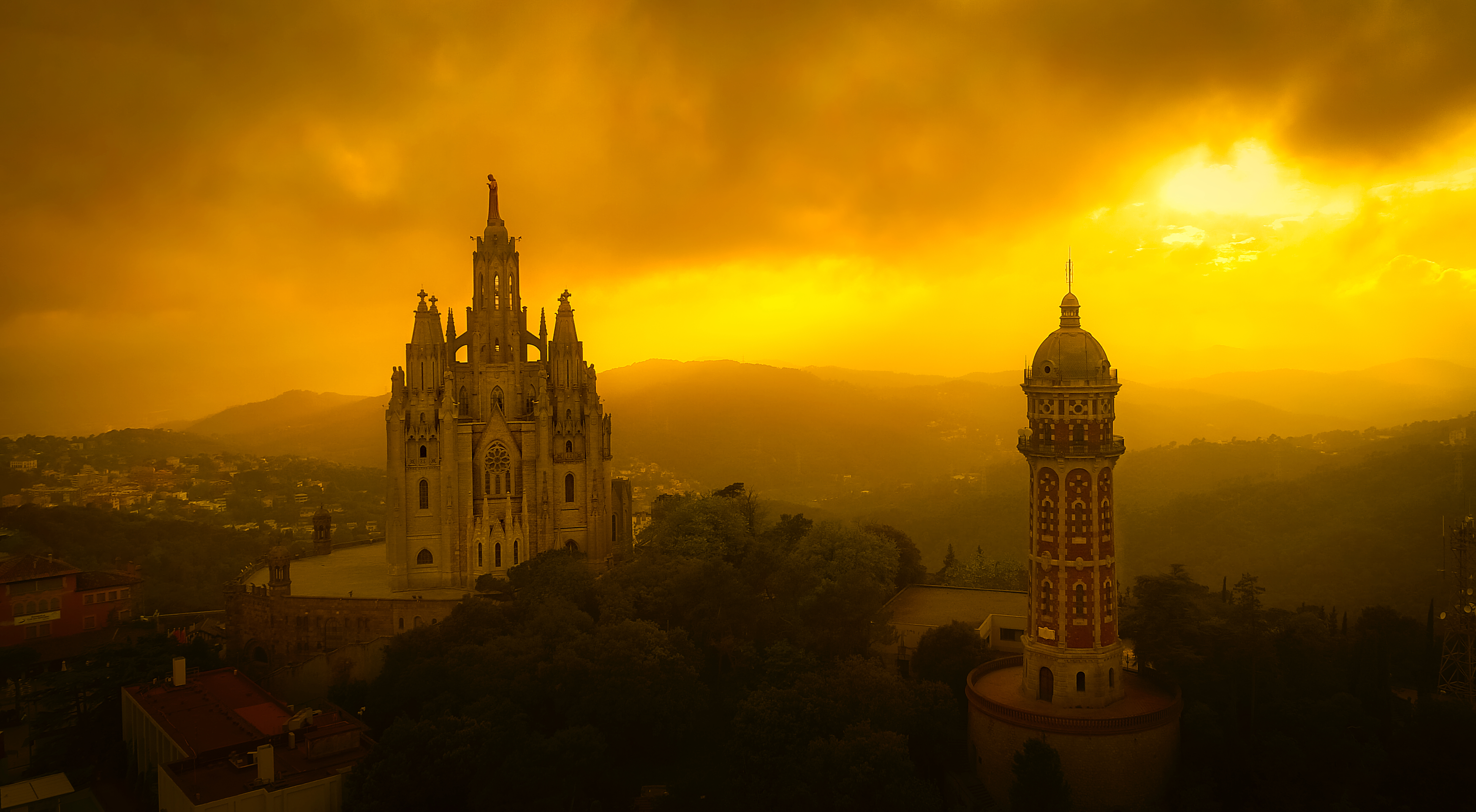 barcelona, man made, cathedral, panorama, sunset, tibidabo, cities