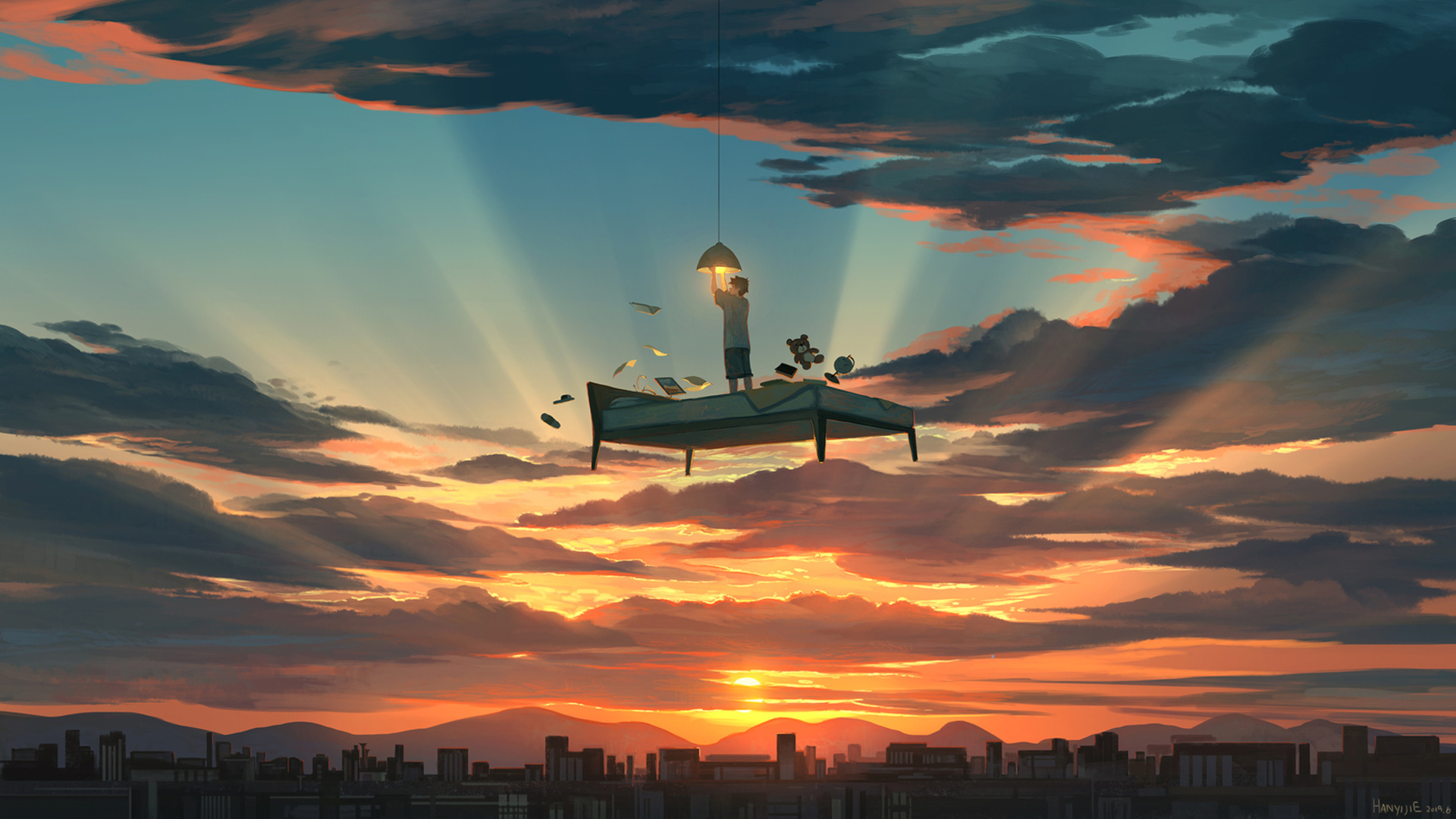 Download mobile wallpaper Anime, Sunset, Light, Bed, Original for free.