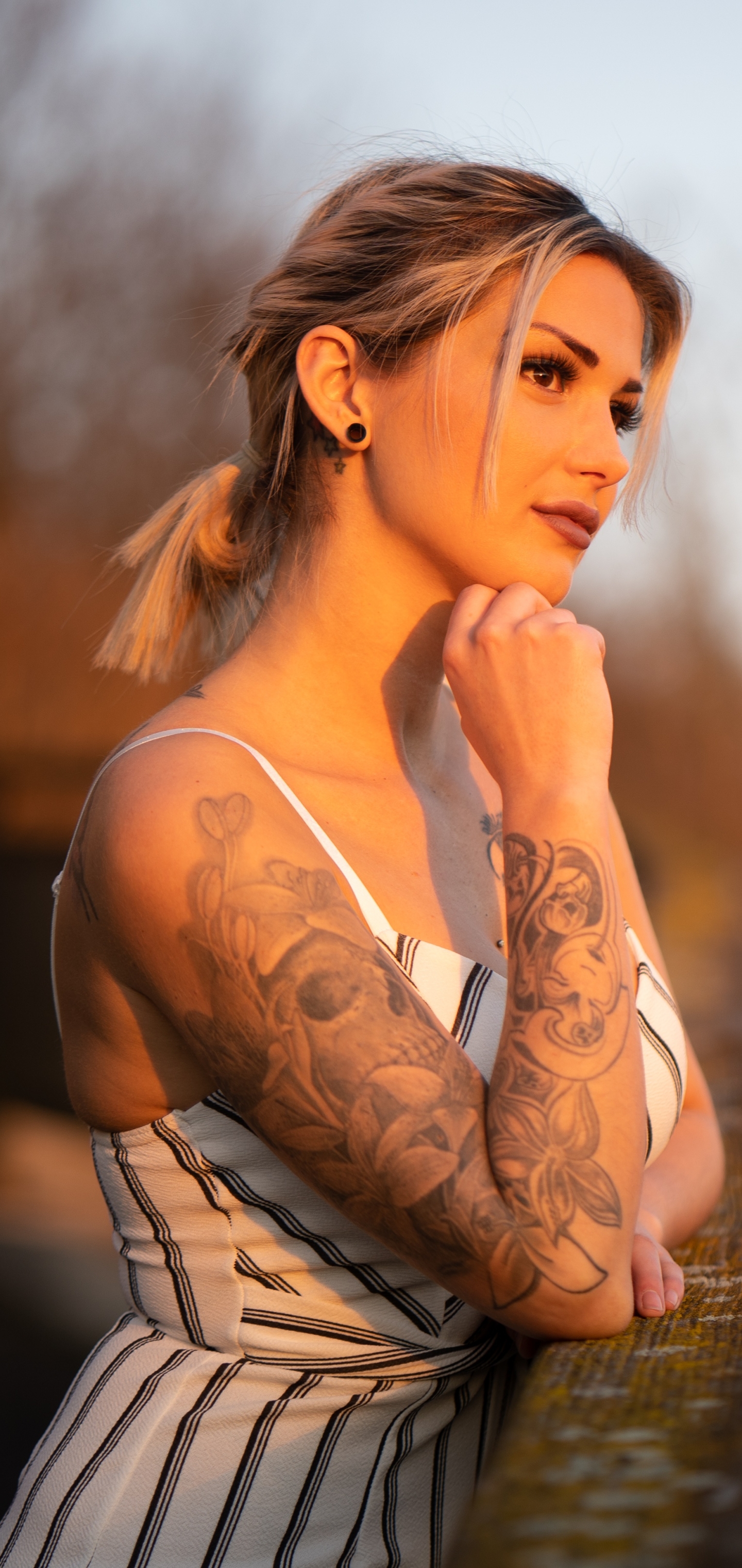 Download mobile wallpaper Tattoo, Blonde, Model, Women, Brown Eyes, Depth Of Field for free.