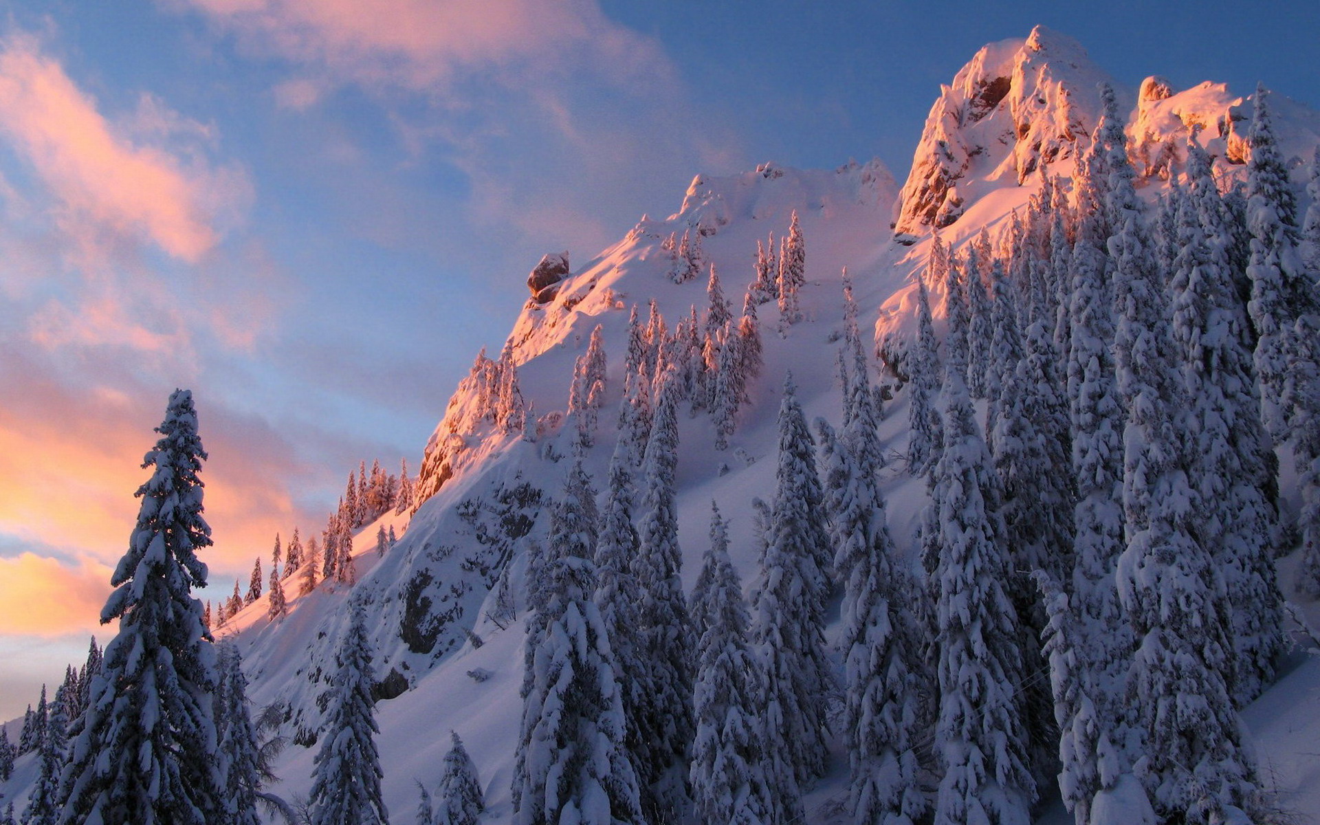 Descarga gratis la imagen Invierno, Nieve, Montaña, Bosque, Árbol, Atardecer, Tierra/naturaleza en el escritorio de tu PC