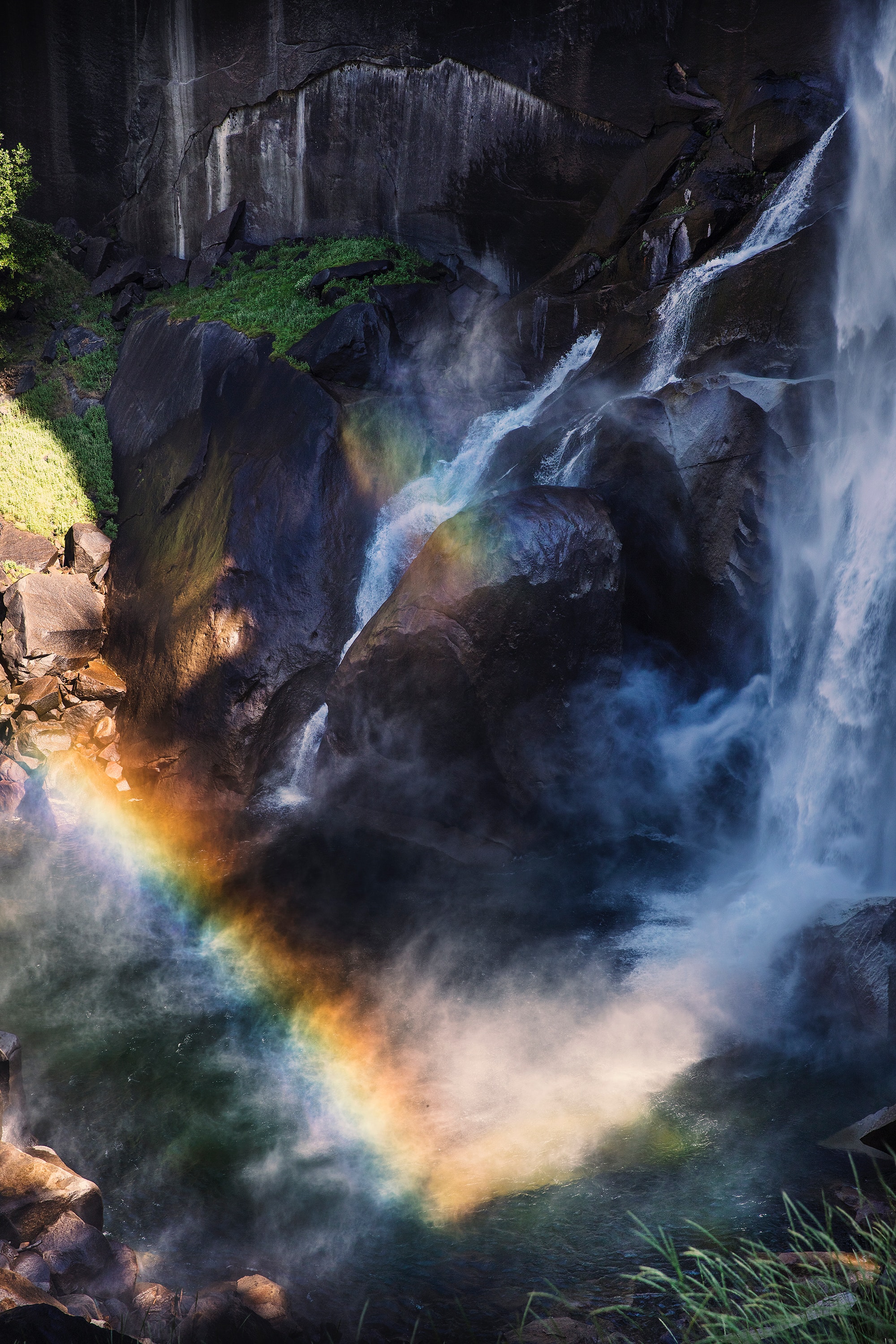 Free download wallpaper Nature, Water, Stones, Rainbow, View From Above, Waterfall, Break, Precipice on your PC desktop