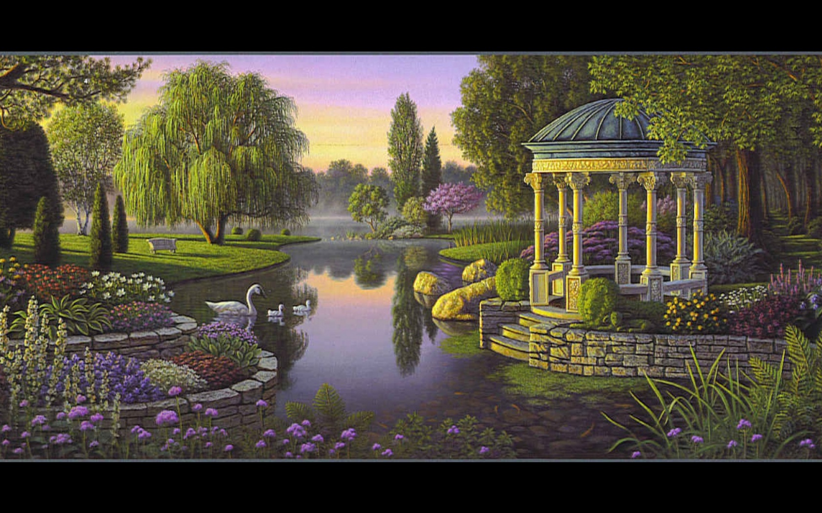 Free download wallpaper Park, Tree, Painting, Swan, Pond, Spring, Artistic, Gazebo on your PC desktop