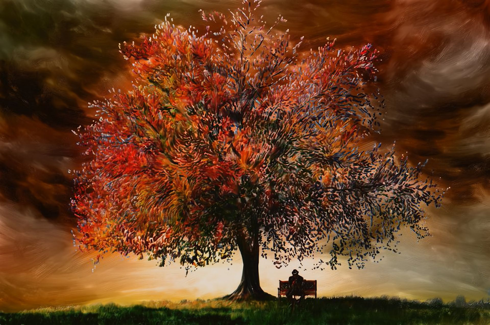 Free download wallpaper Tree, Fall, Bench, Artistic on your PC desktop