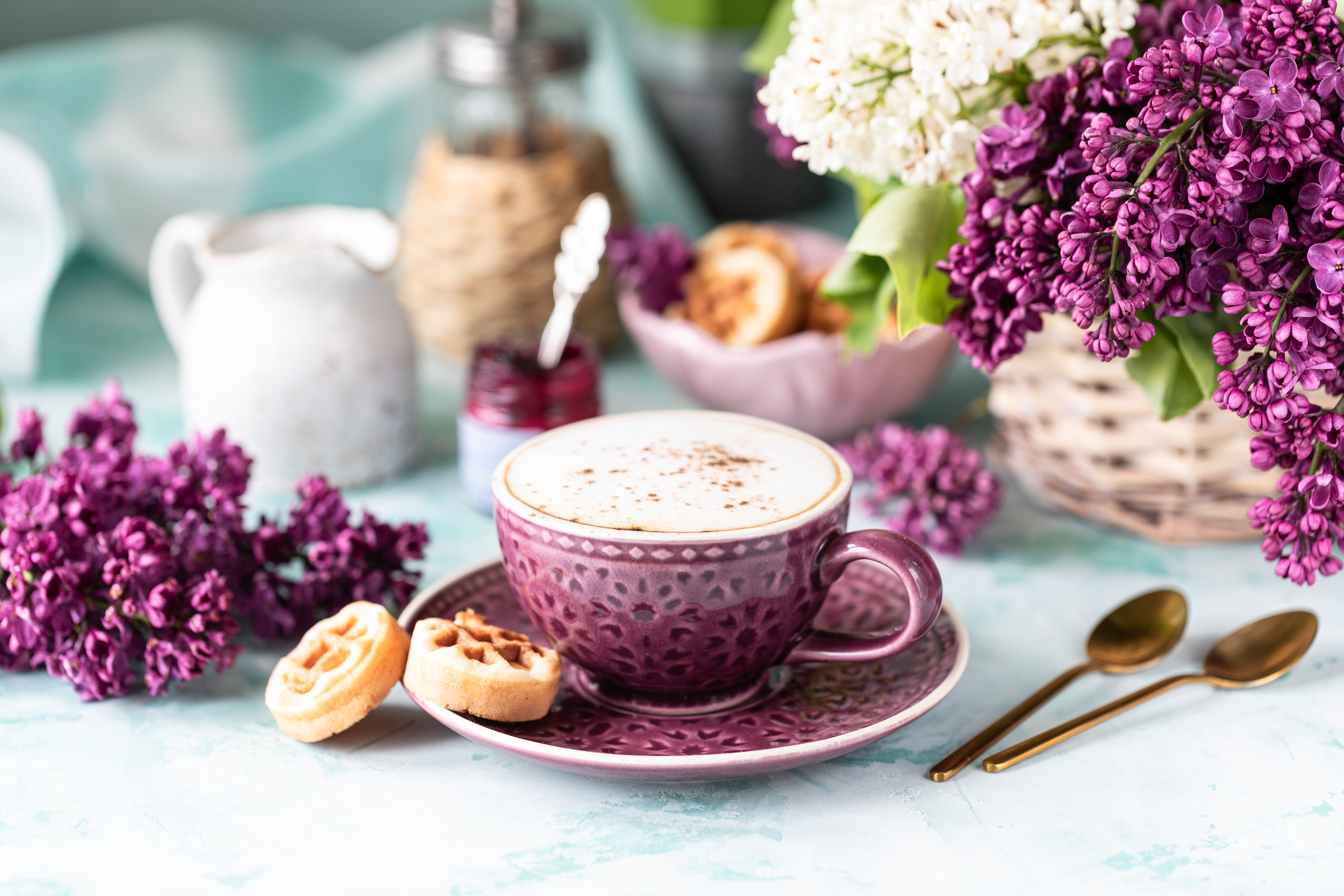 Free download wallpaper Food, Lilac, Coffee, Still Life, Flower, Cup, Drink, Breakfast on your PC desktop
