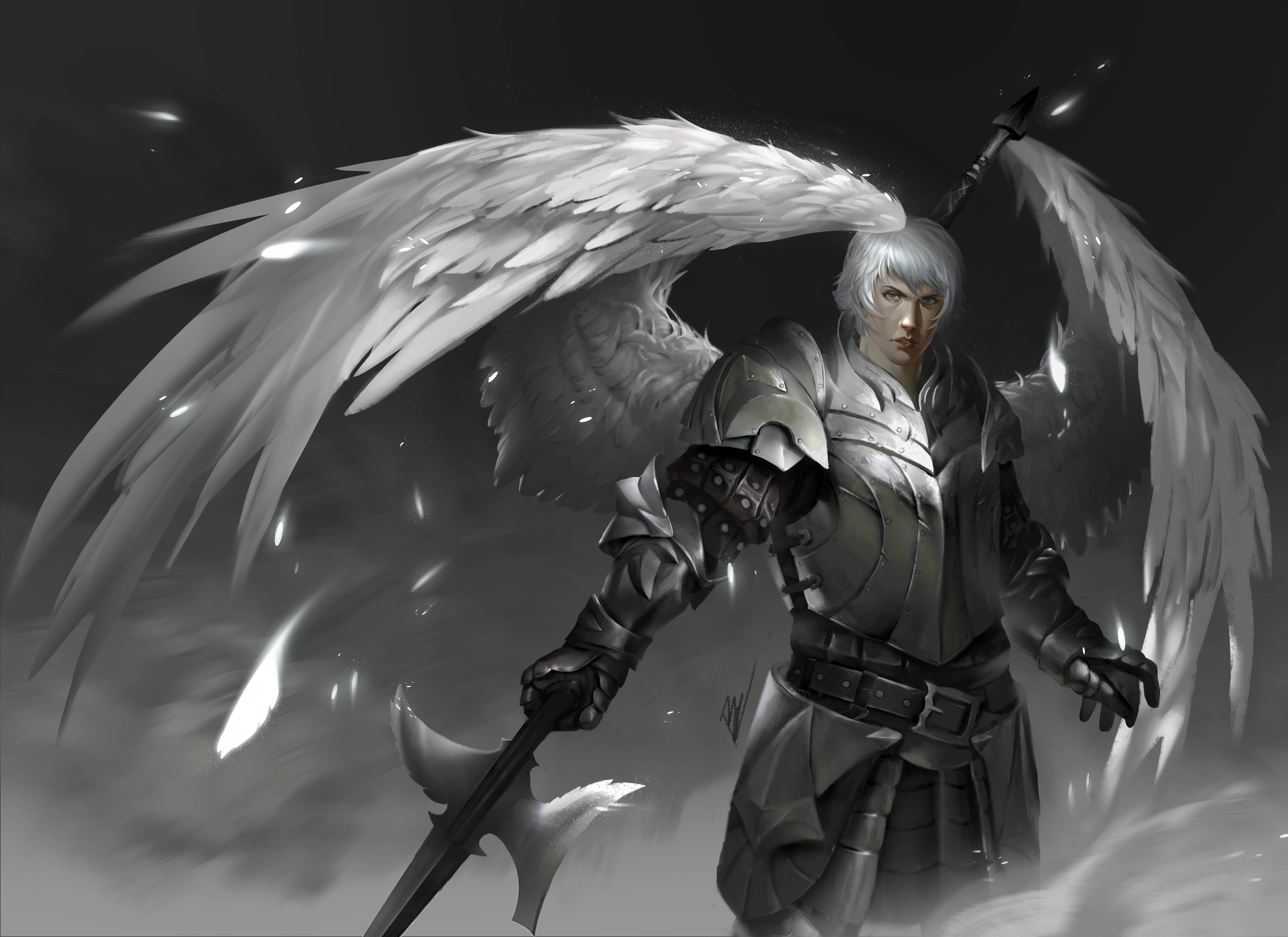 無料モバイル壁紙ファンタジー, 翼, 白髪, 槍, 鎧, 天使の戦士をダウンロードします。