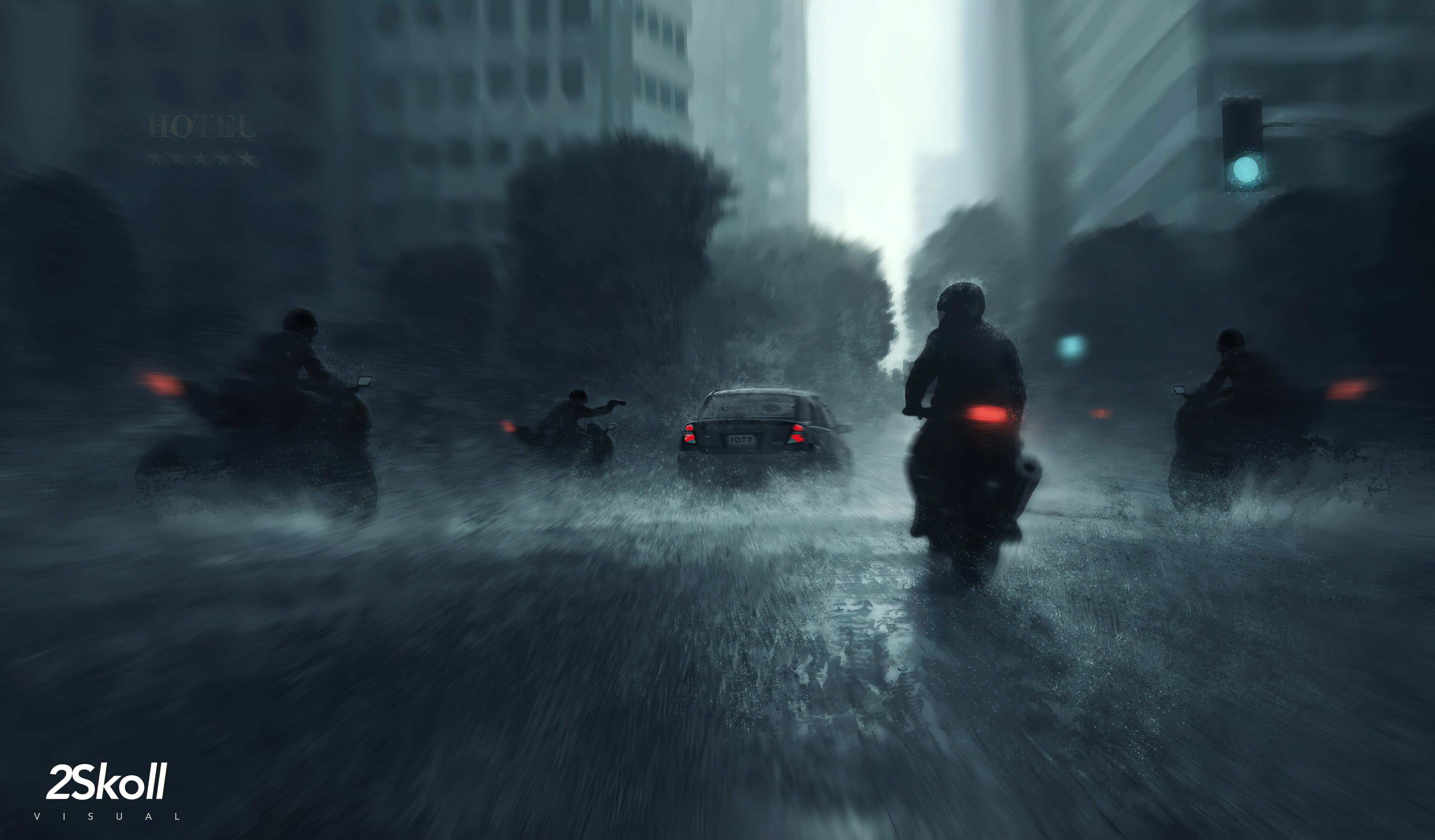 Download mobile wallpaper Rain, Car, Motorcycle, Artistic, Vehicles for free.