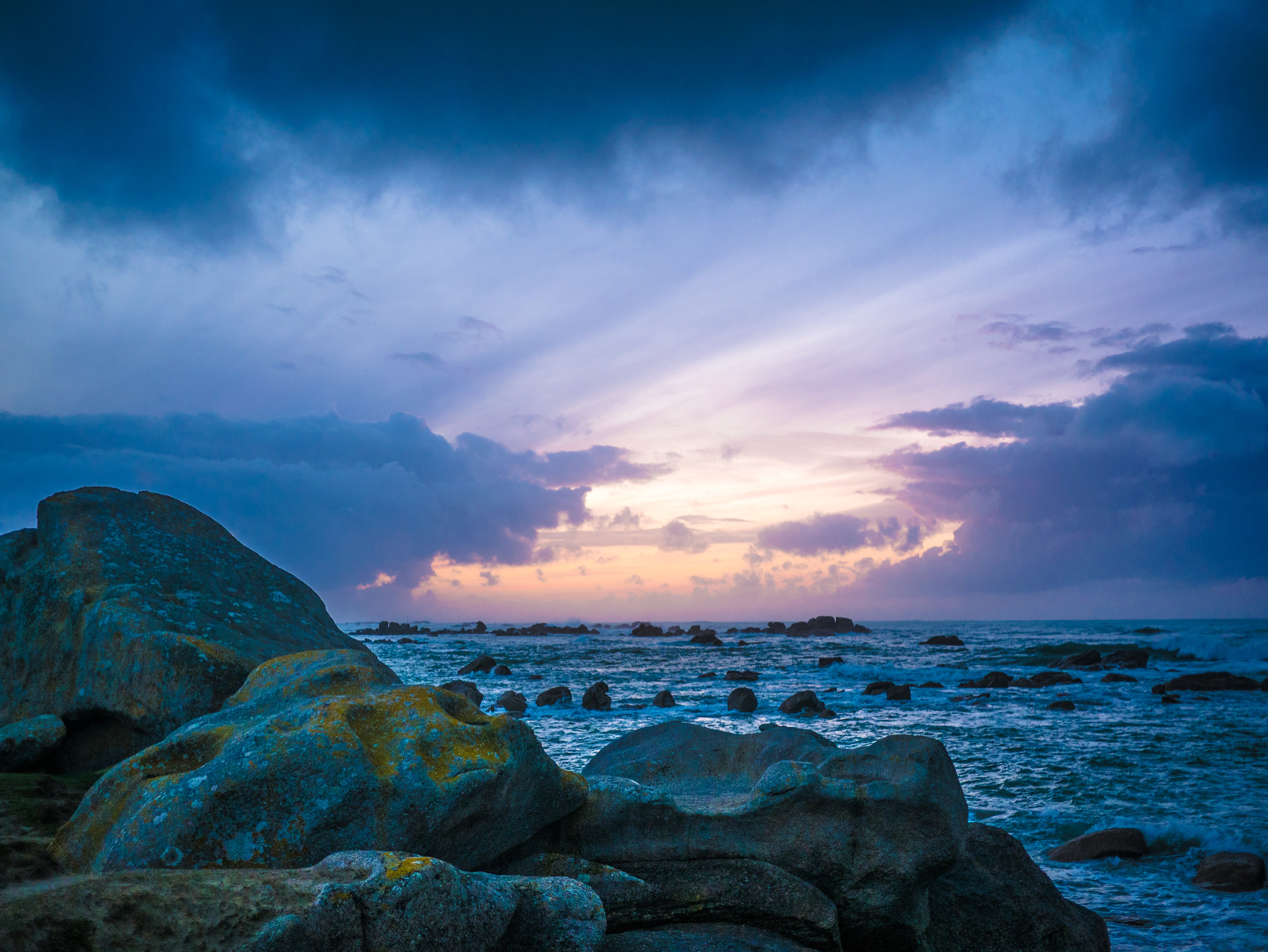 Free download wallpaper Nature, Sunset, Stones, Sea, Clouds, Rocks on your PC desktop