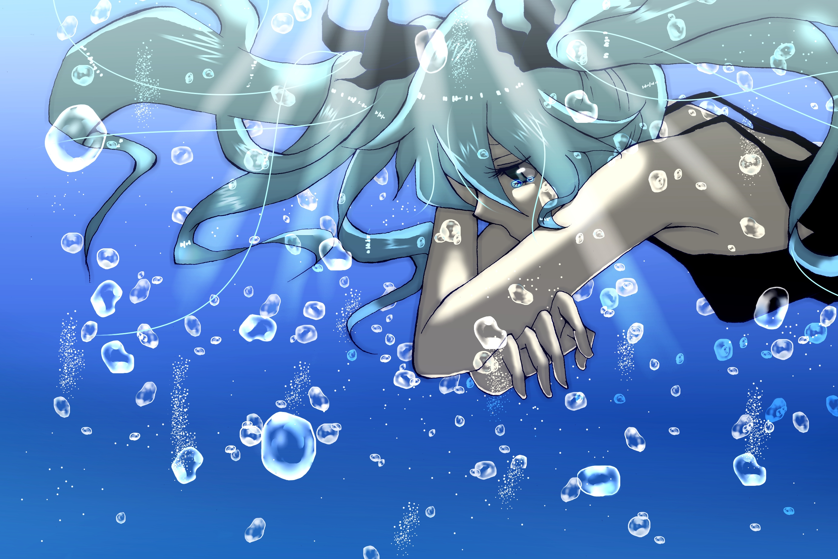 Download mobile wallpaper Anime, Water, Sadness, Vocaloid, Bubble, Hatsune Miku for free.