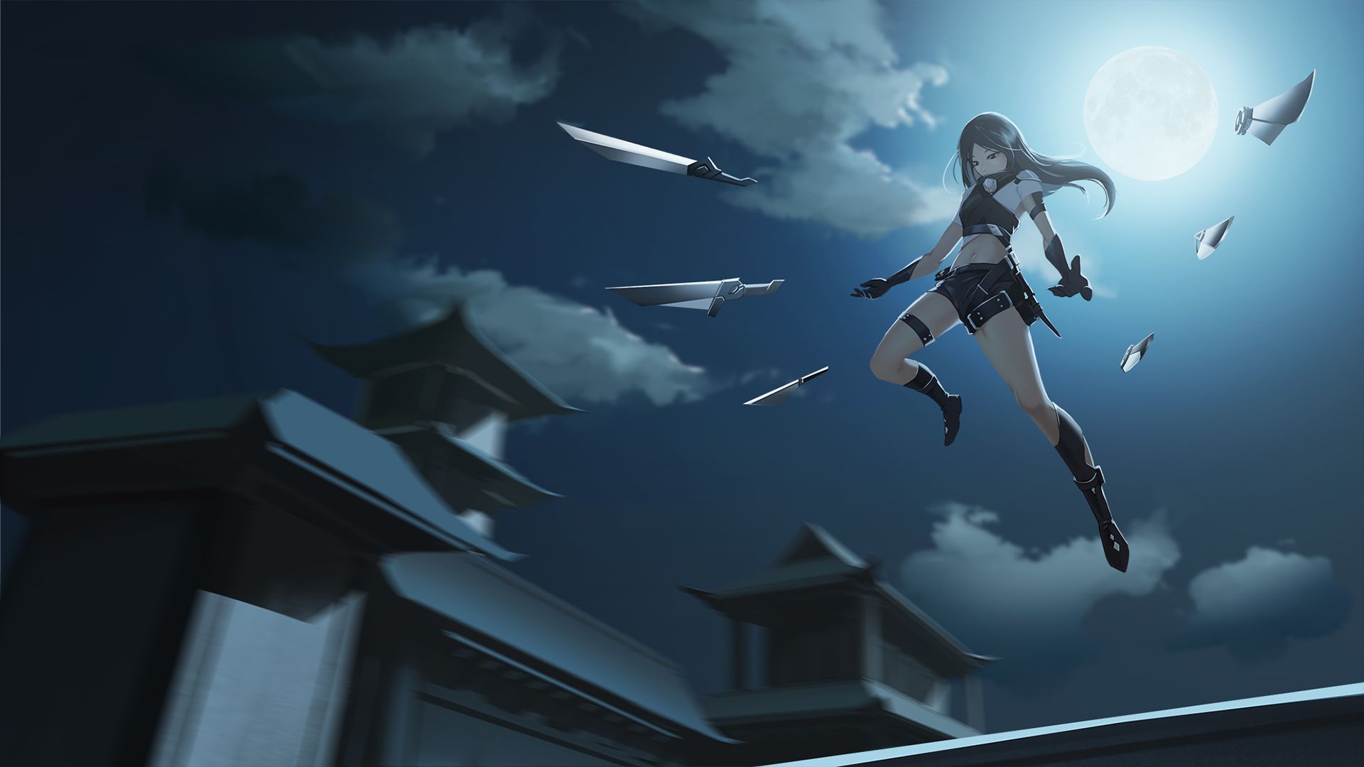 Download mobile wallpaper Anime, Night, Moon, Cloud, Knife, Original, Long Hair for free.