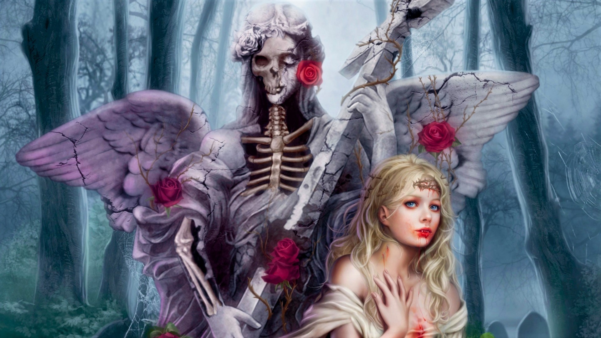 Free download wallpaper Gothic, Dark, Angel, Blonde, Skeleton, Blue Eyes, Vampire on your PC desktop