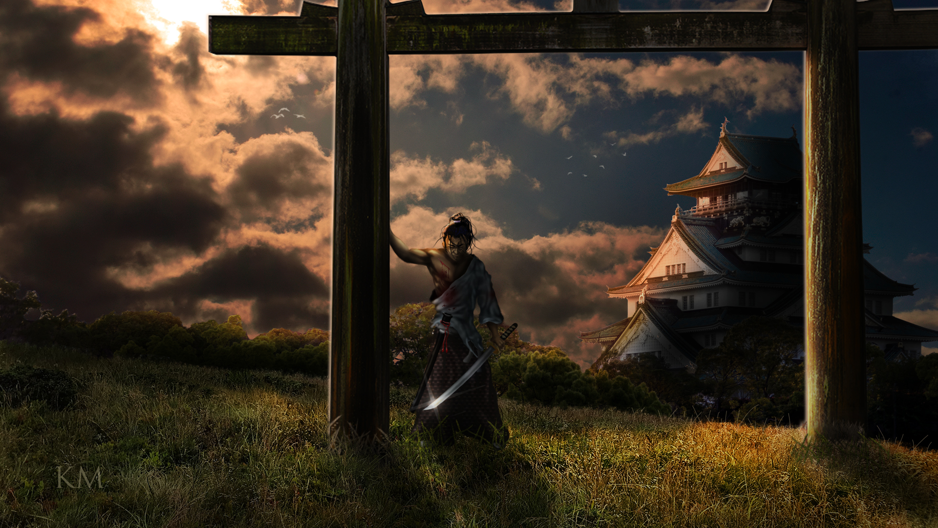 Free download wallpaper Fantasy, Samurai, Torii on your PC desktop
