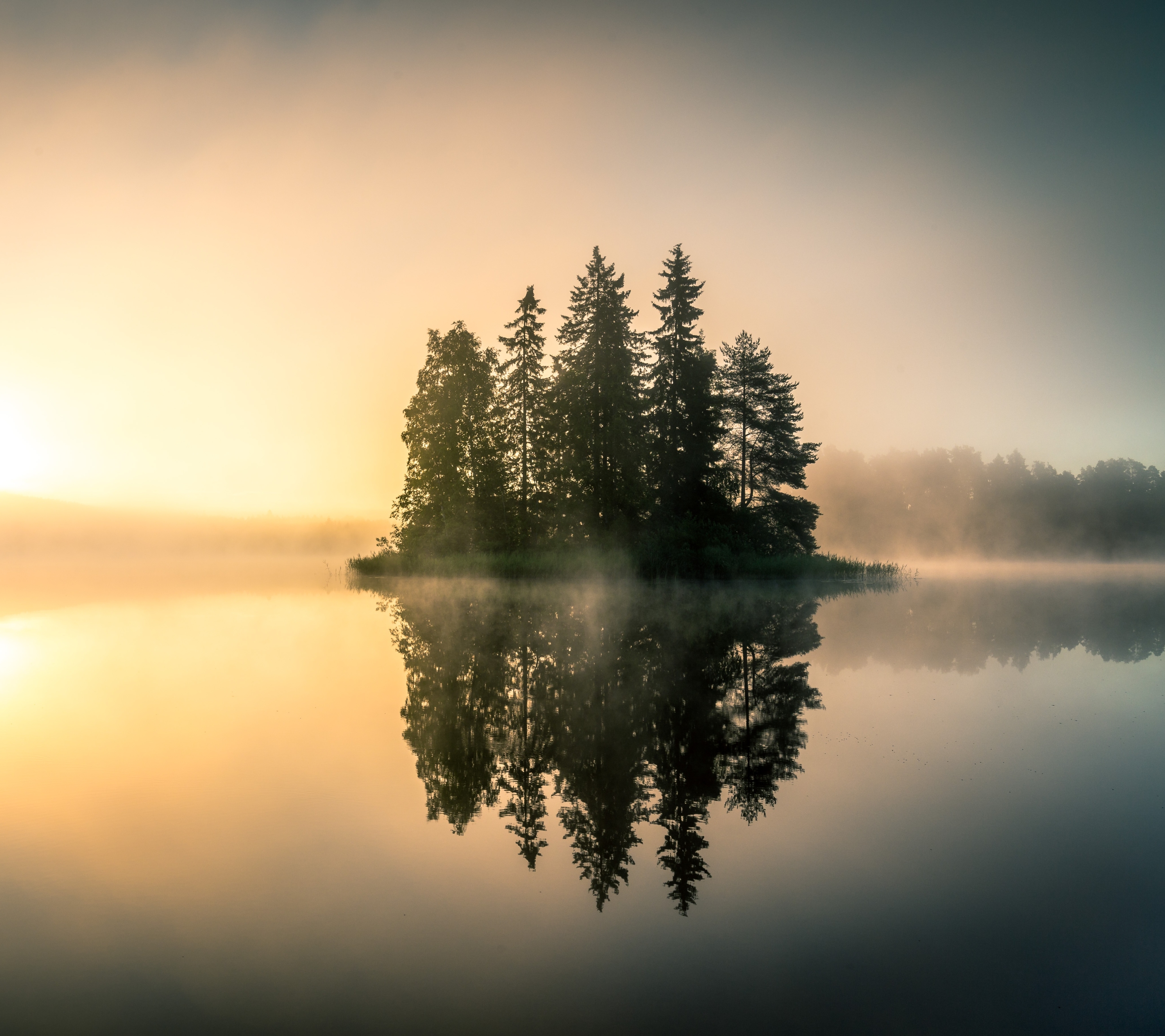 Download mobile wallpaper Nature, Lake, Reflection, Fog, Sunrise, Earth for free.