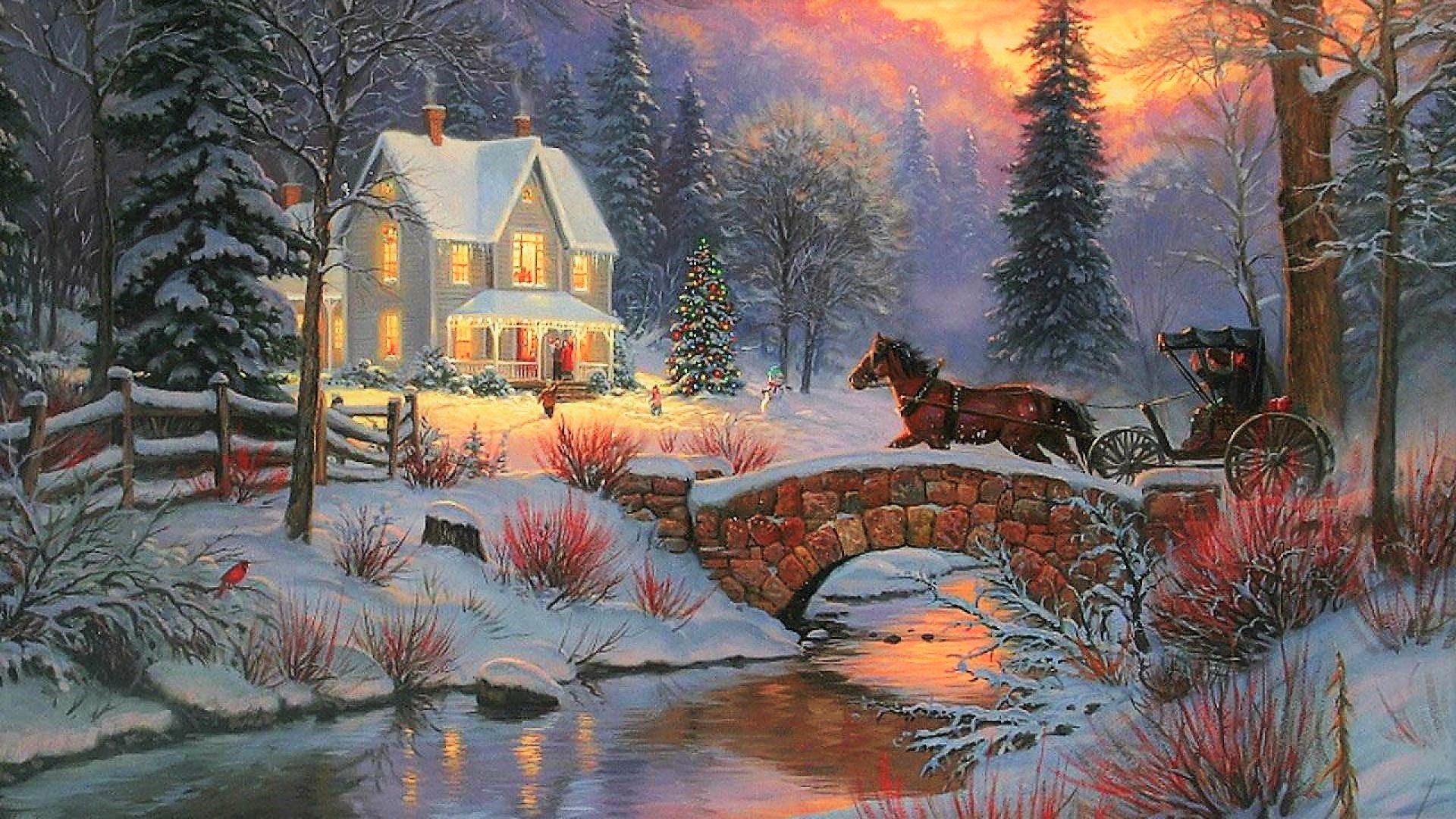 Laden Sie das Winter, Schnee, Wald, Haus, Brücke, Malerei, Künstlerisch-Bild kostenlos auf Ihren PC-Desktop herunter