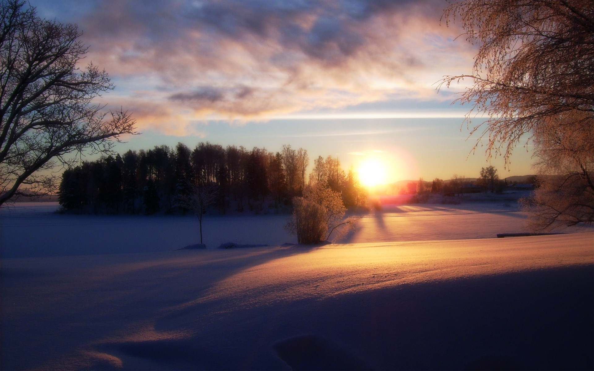 Download mobile wallpaper Winter, Sunset, Sun, Snow, Sunrise, Earth for free.