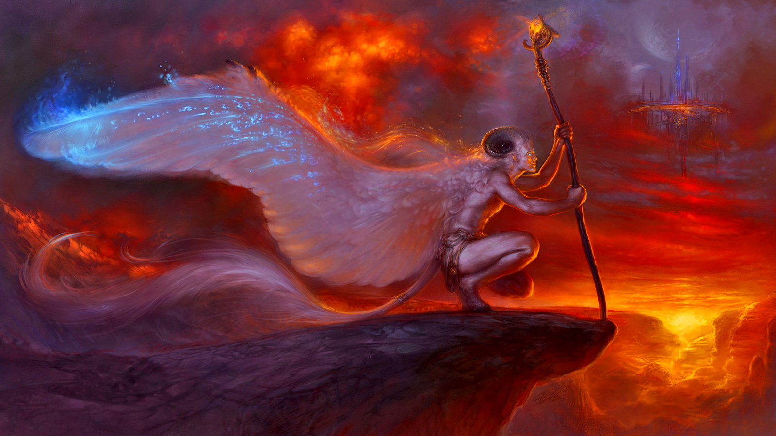 Download mobile wallpaper Fire, Dark, Cliff, Wings, Horns, Demon, Staff for free.