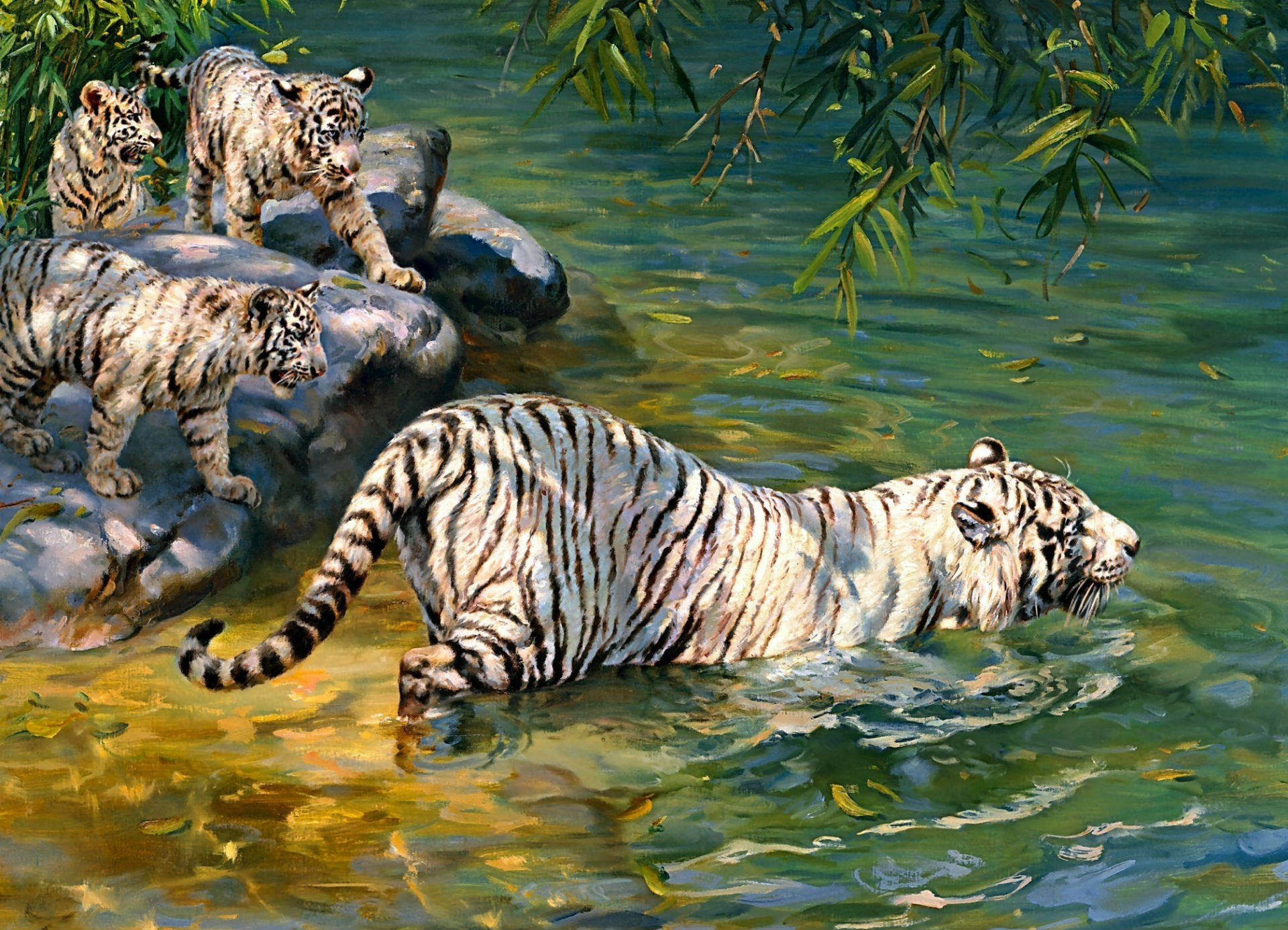 256670 descargar fondo de pantalla animales, tigre blanco, donald subvención, ilustración, selva, gatos: protectores de pantalla e imágenes gratis