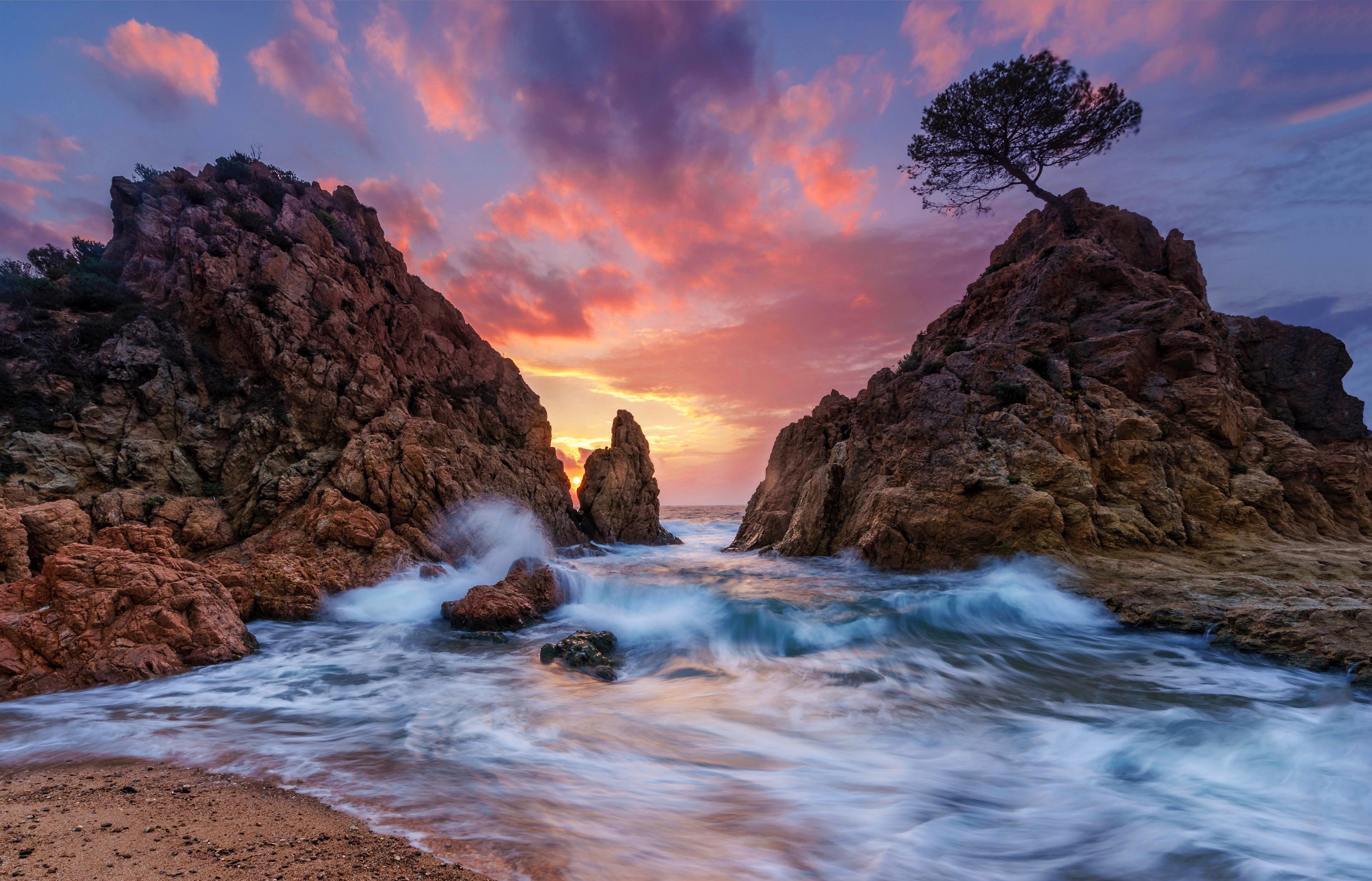 Download mobile wallpaper Sunset, Sea, Coast, Tree, Ocean, Earth, Spain, Coastline for free.