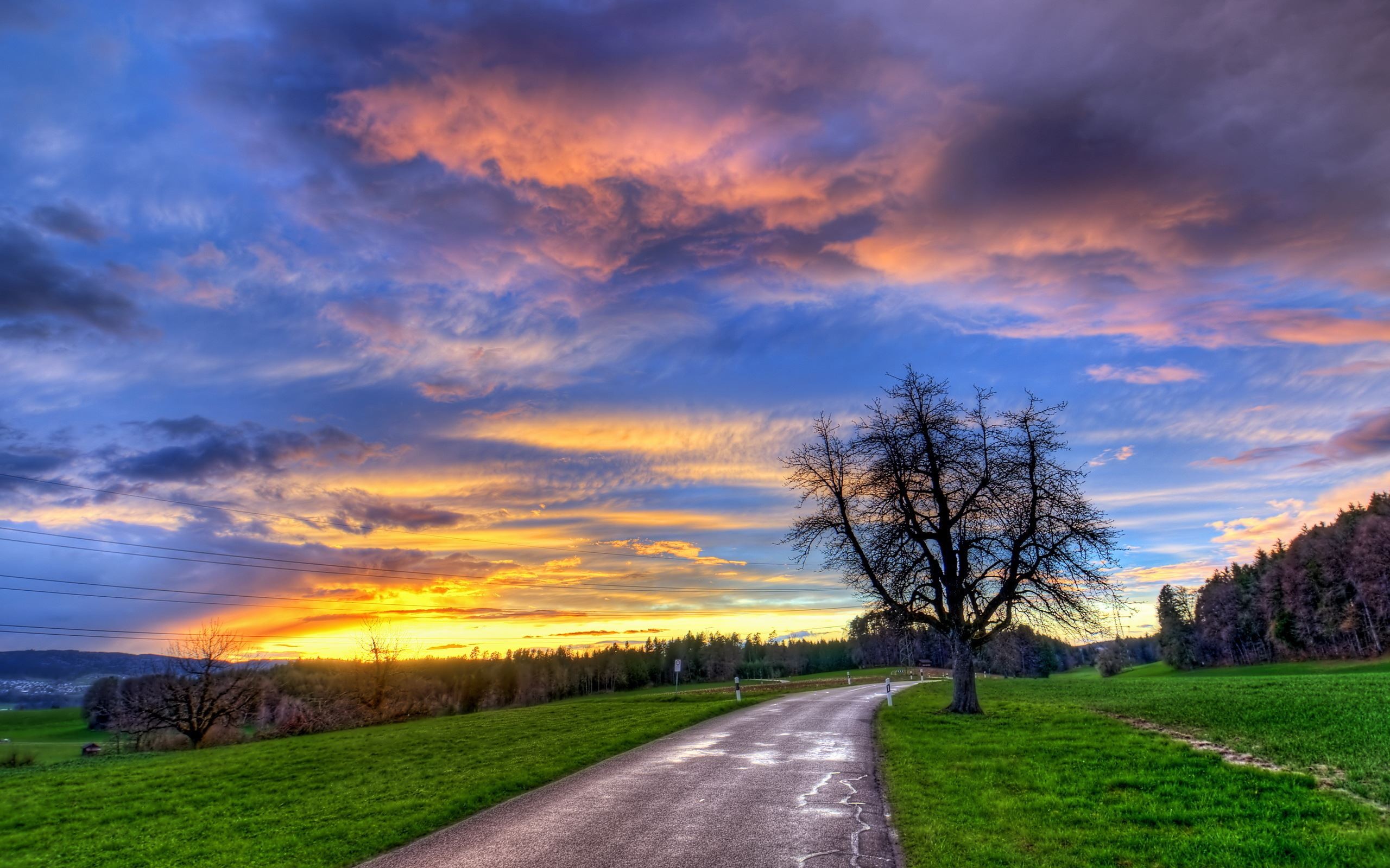 Free download wallpaper Sunset, Road, Tree, Man Made on your PC desktop