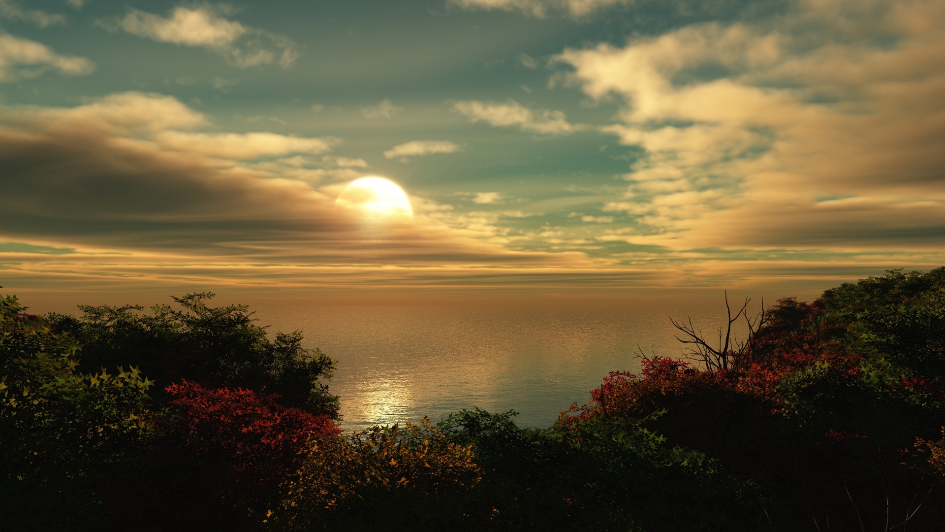 Free download wallpaper Landscape, Sea, Sun, Clouds, Trees on your PC desktop