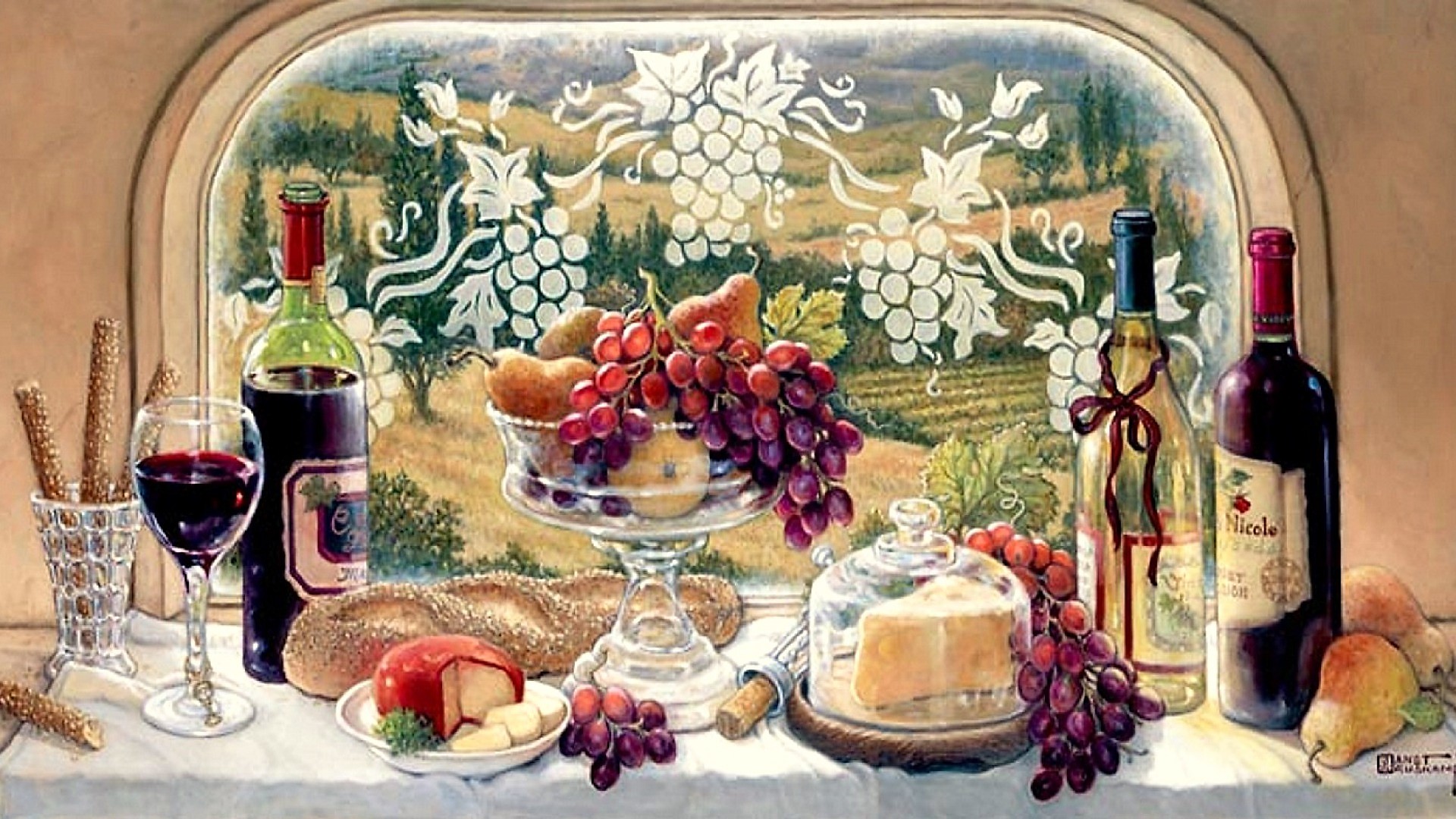 Download mobile wallpaper Cheese, Grapes, Still Life, Window, Fruit, Painting, Artistic, Bread, Wine for free.