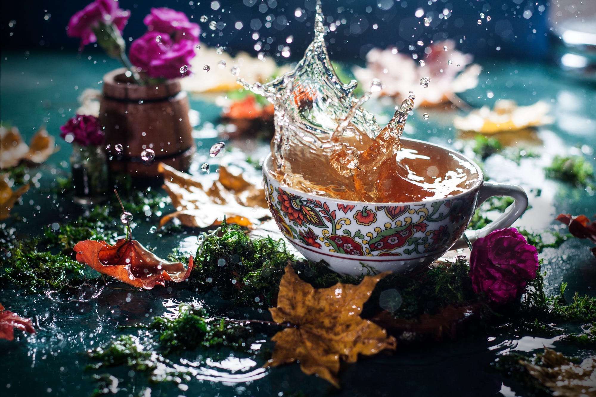 Download mobile wallpaper Water, Food, Flower, Cup, Leaf, Fall, Drink, Tea for free.